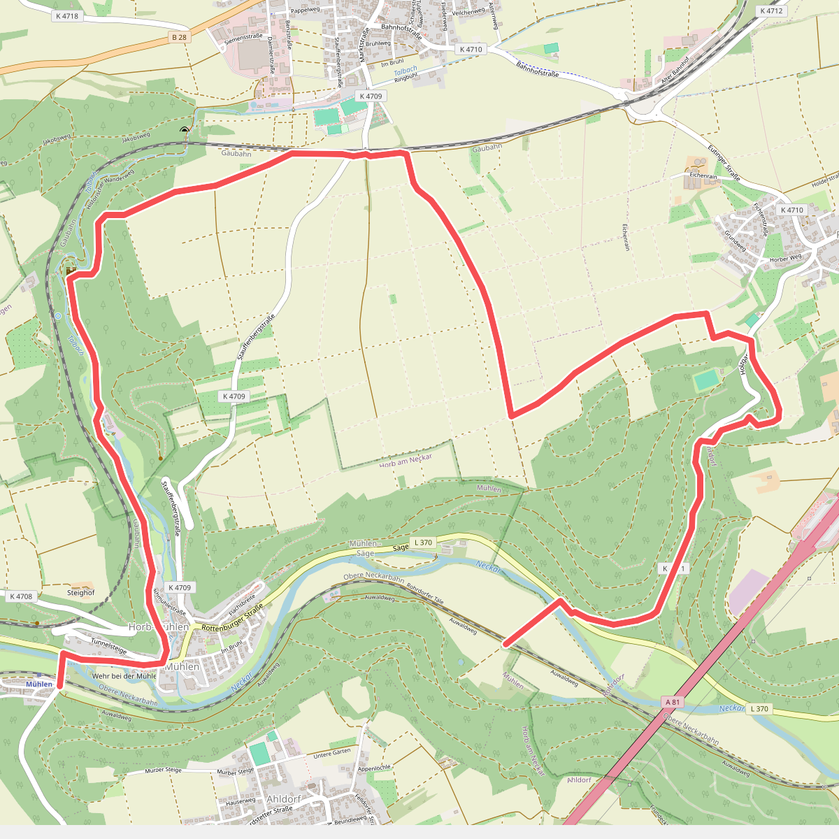Äußerer Hauptweg - Mühlen am Neckar - Weg-6 - Mühlen am Neckar - Ahldorf - zu blauer Strich (Eyach - Mühringen)