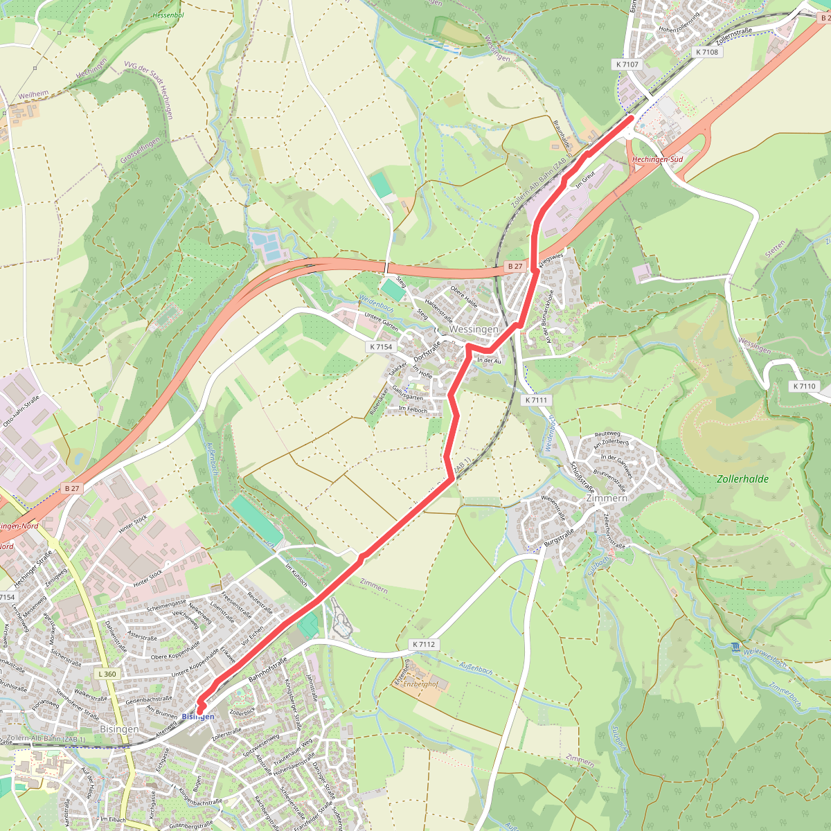 Brielhof Eisenbahnsteg Süd - Bisingen Bahnhof