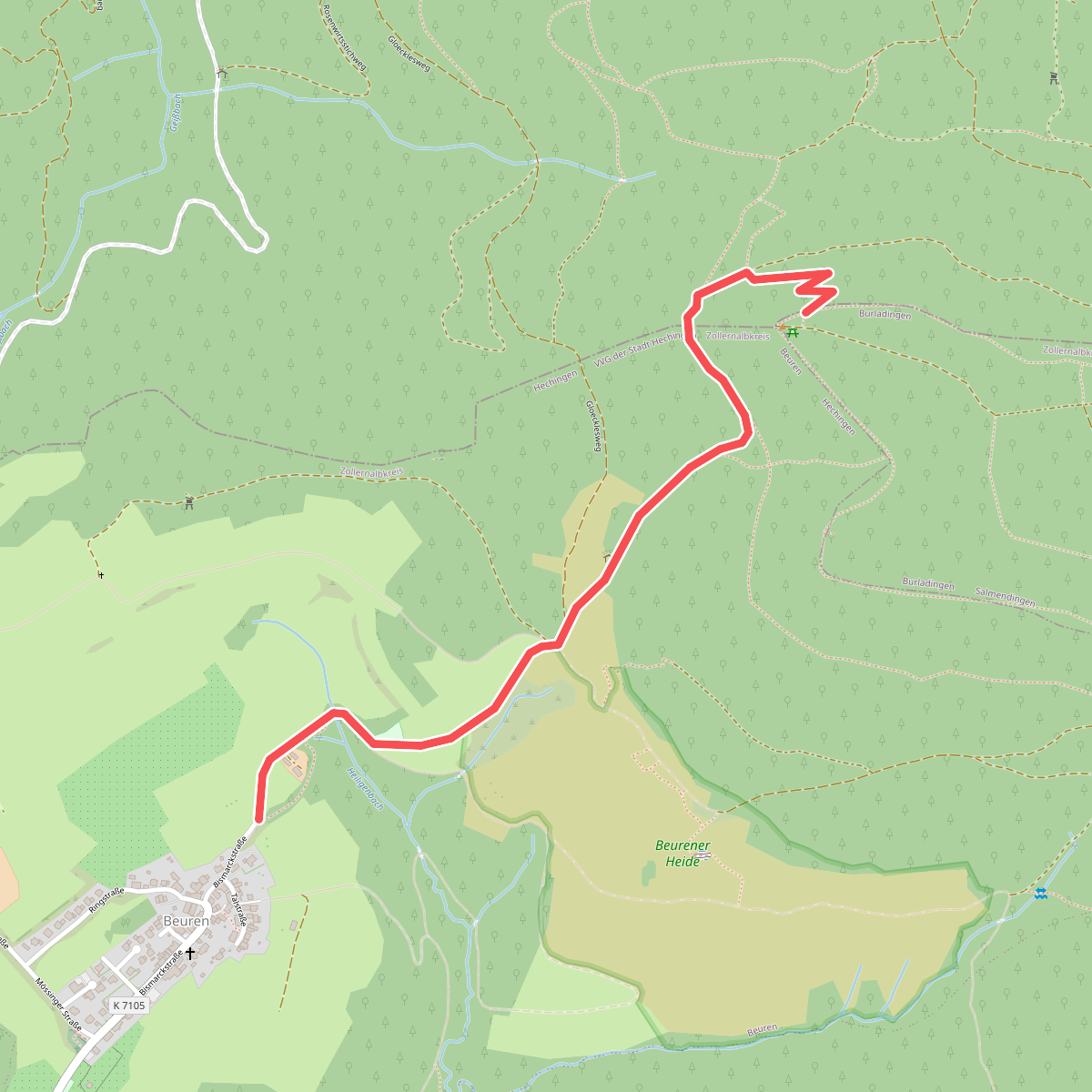 Äußerer Zugangsweg - Hechingen - Greutberg - Beuren - Wegkreuzung am Dreifürstenstein