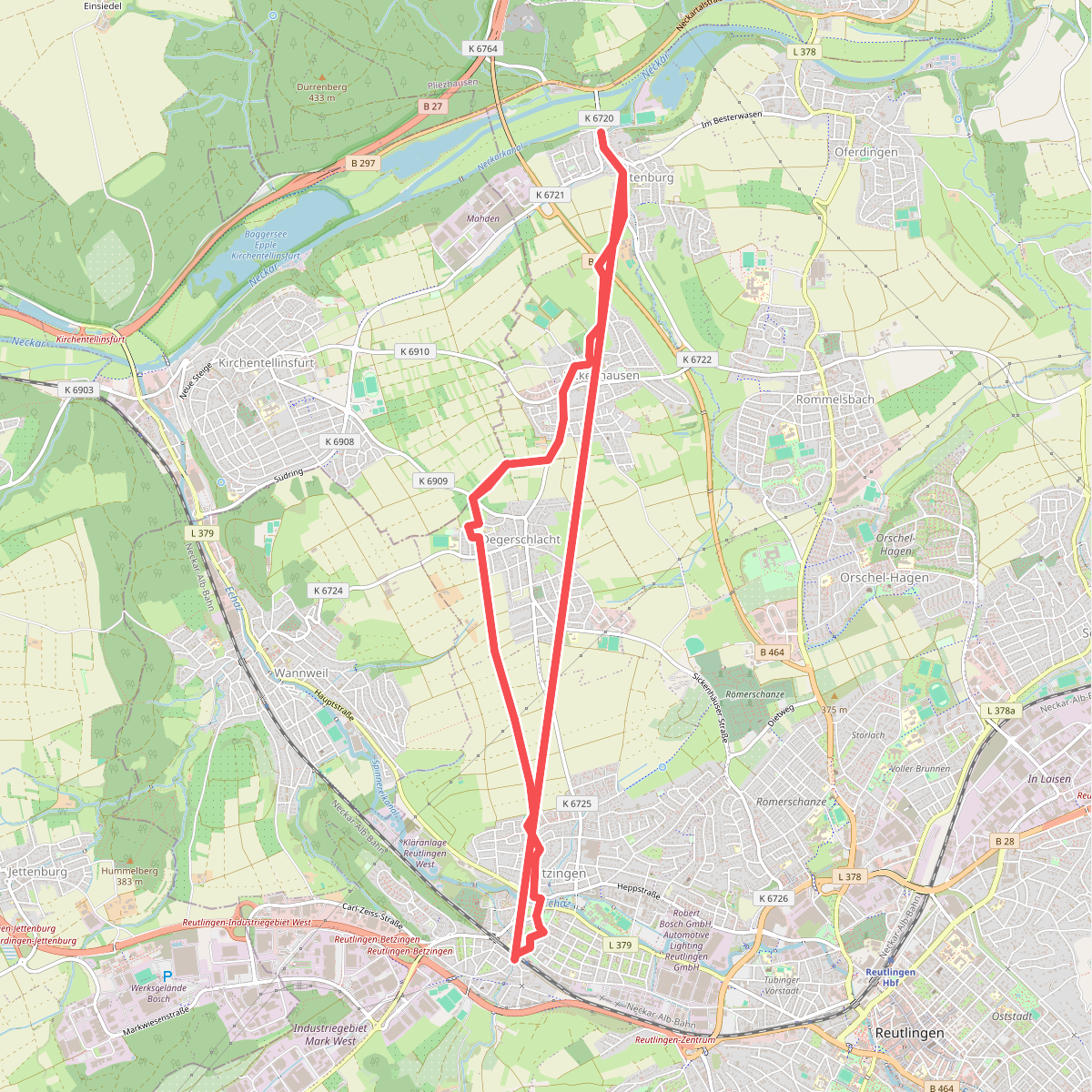 blaue Gabel, Alteburg - Sickenhausen - Degerschlacht - Betzingen Bhf