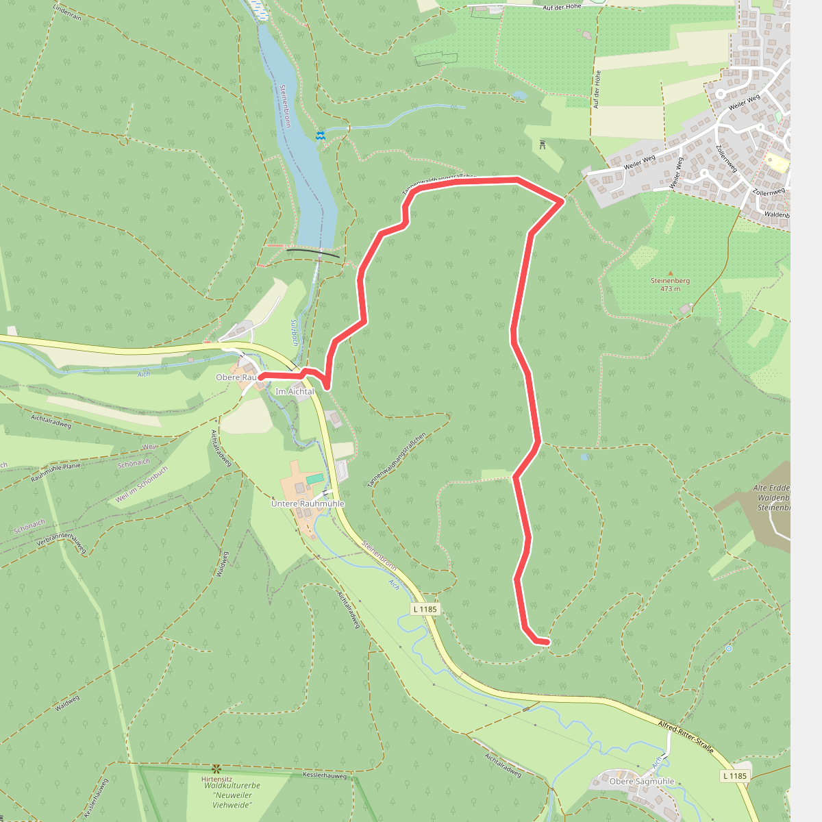 blauer Punkt, Obere Rauhmühle - Steinenbronn