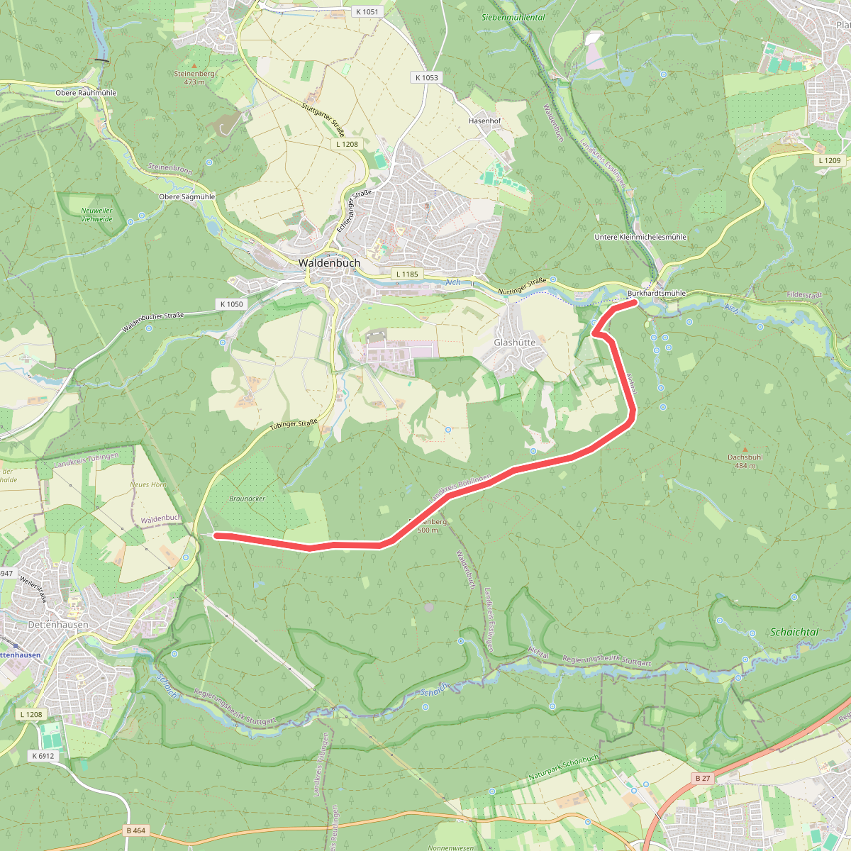 blaues Hufeisen, Keltische Viereckschanze (Dettenhausen) zur Burkhardtsmühle