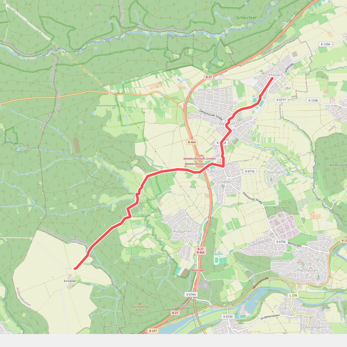 blaues Minus - Häslach - Walddorf - Gniebel - Einsiedel