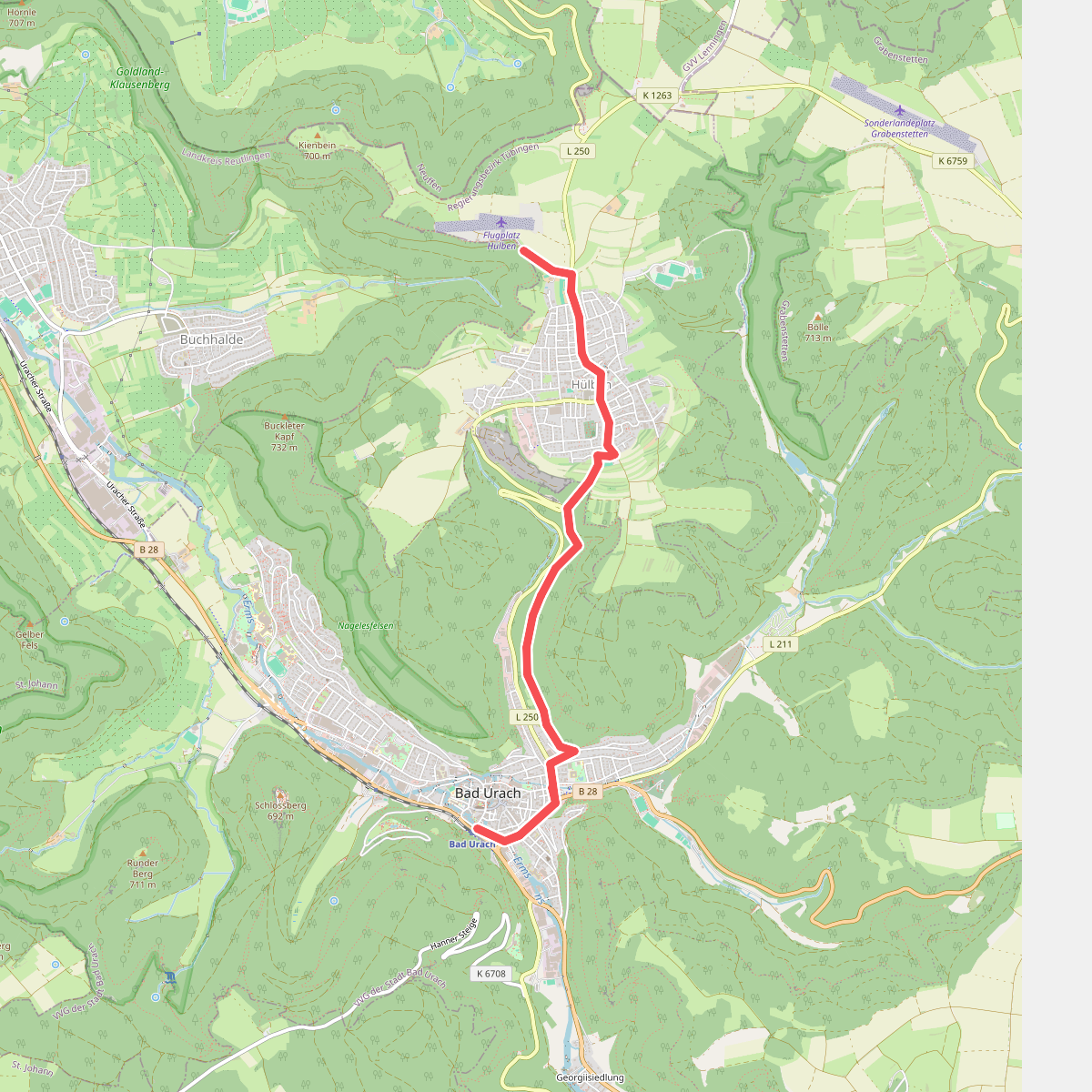 Nebenweg HW1: Flugpatz Hülben - Hülben - Mauchental - Bad Urach