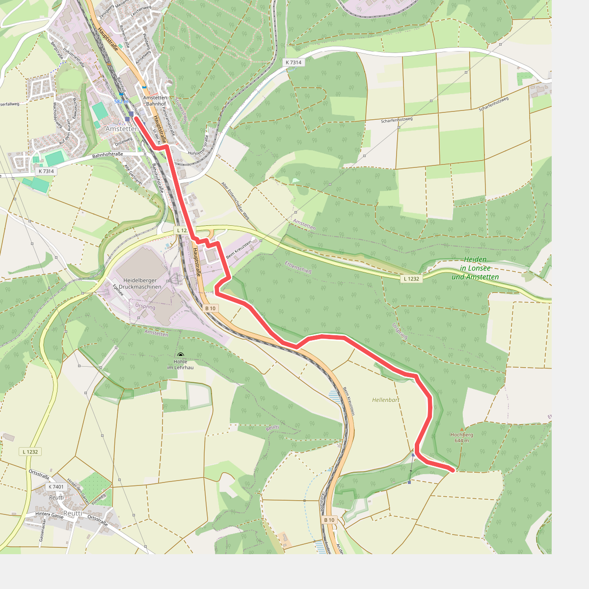 Amstetten Bahnhof - Heide am Kreuzstein - Hochberg (gelbe Raute)