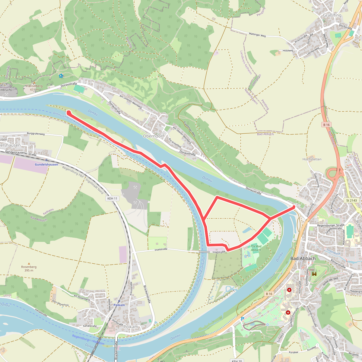 K3 Kurpark, Donaupromenade, Fußgängerbrücke, Schleuse BA und zurück