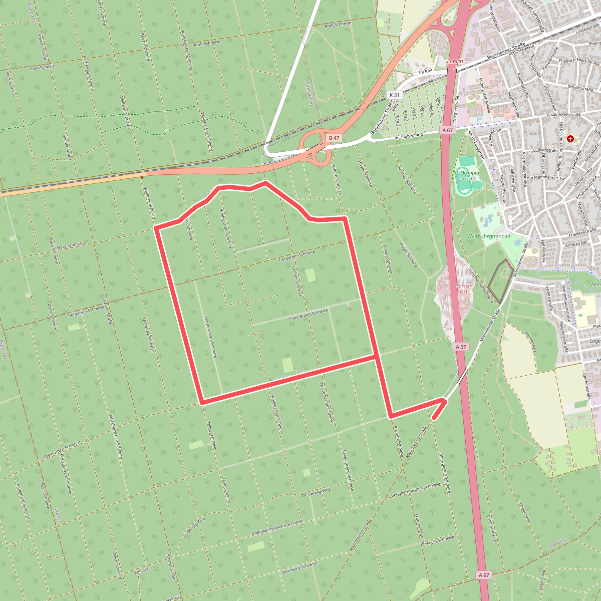 Rundwanderweg Lorsch Mannheimer Straße 2: Dreibuchenschneisenweg