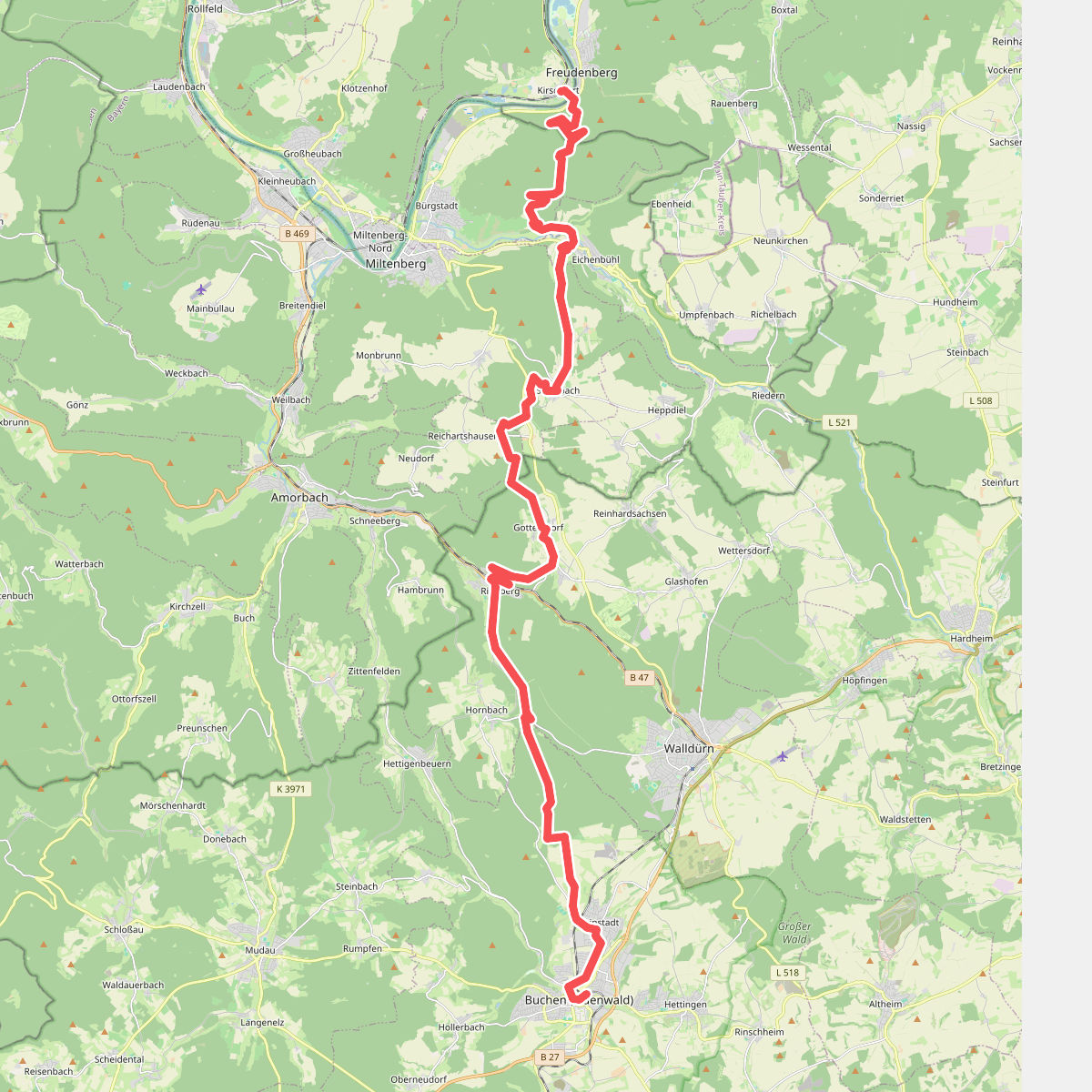 Odenwaldklub HW 39, rotes Dreieck Spitze unten, Freudenberg (Main) - Gottersdorf - Buchen