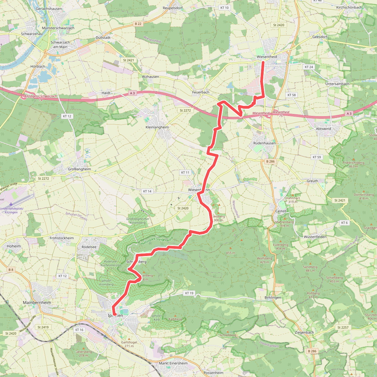 Wanderweg Grünes Dreieck von Wiesentheid nach Iphofen