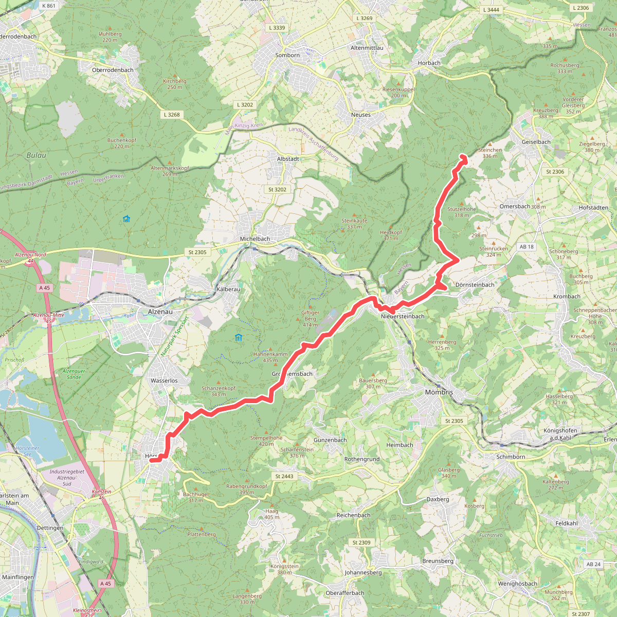 Gebietswanderweg Roter Doppelbalken: Hörstein => Geiselbach