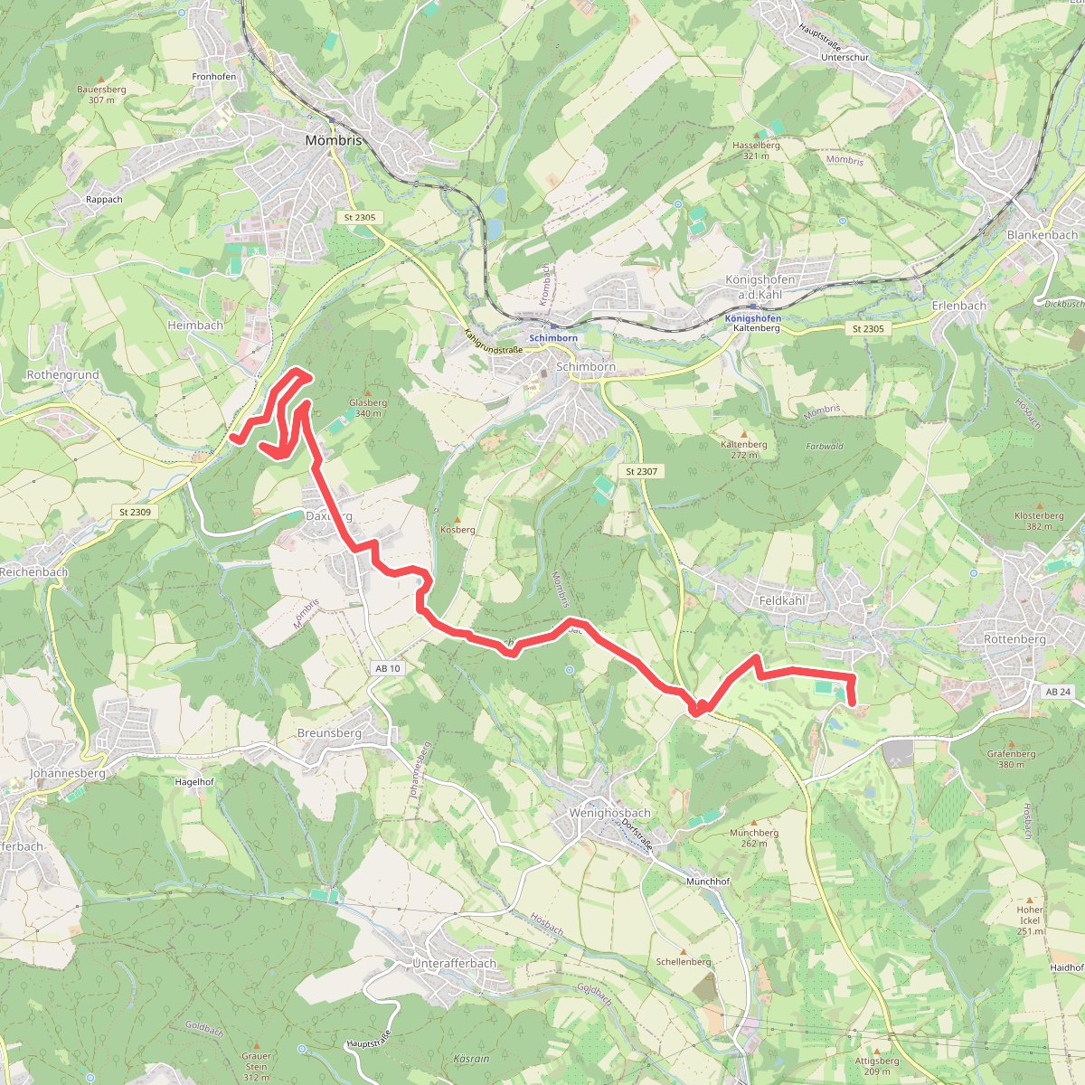 Gebietswanderweg Roter Schrägbalken: Heimbacher Mühle - Feldkahl