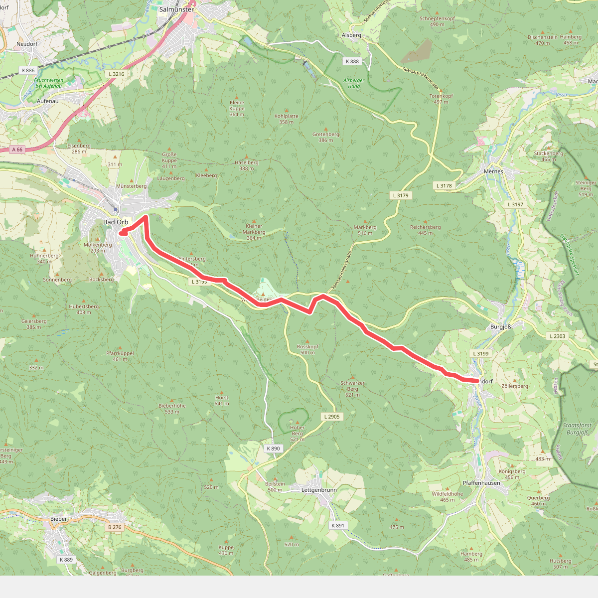 Gebietswanderweg Roter Doppelbalken: Bad Orb - Oberndorf