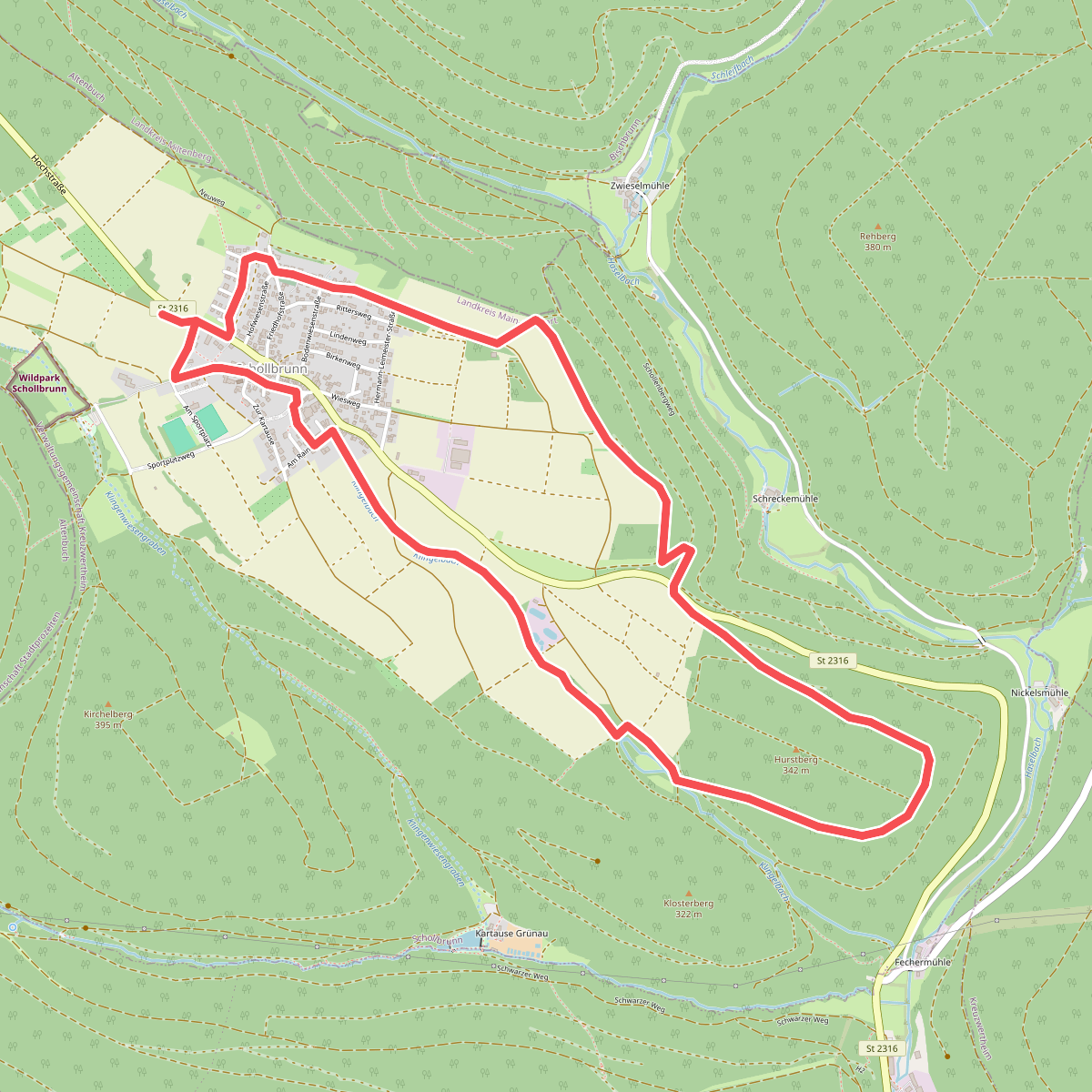 Rote Schnepfe, Rundwanderweg Schollbrunn