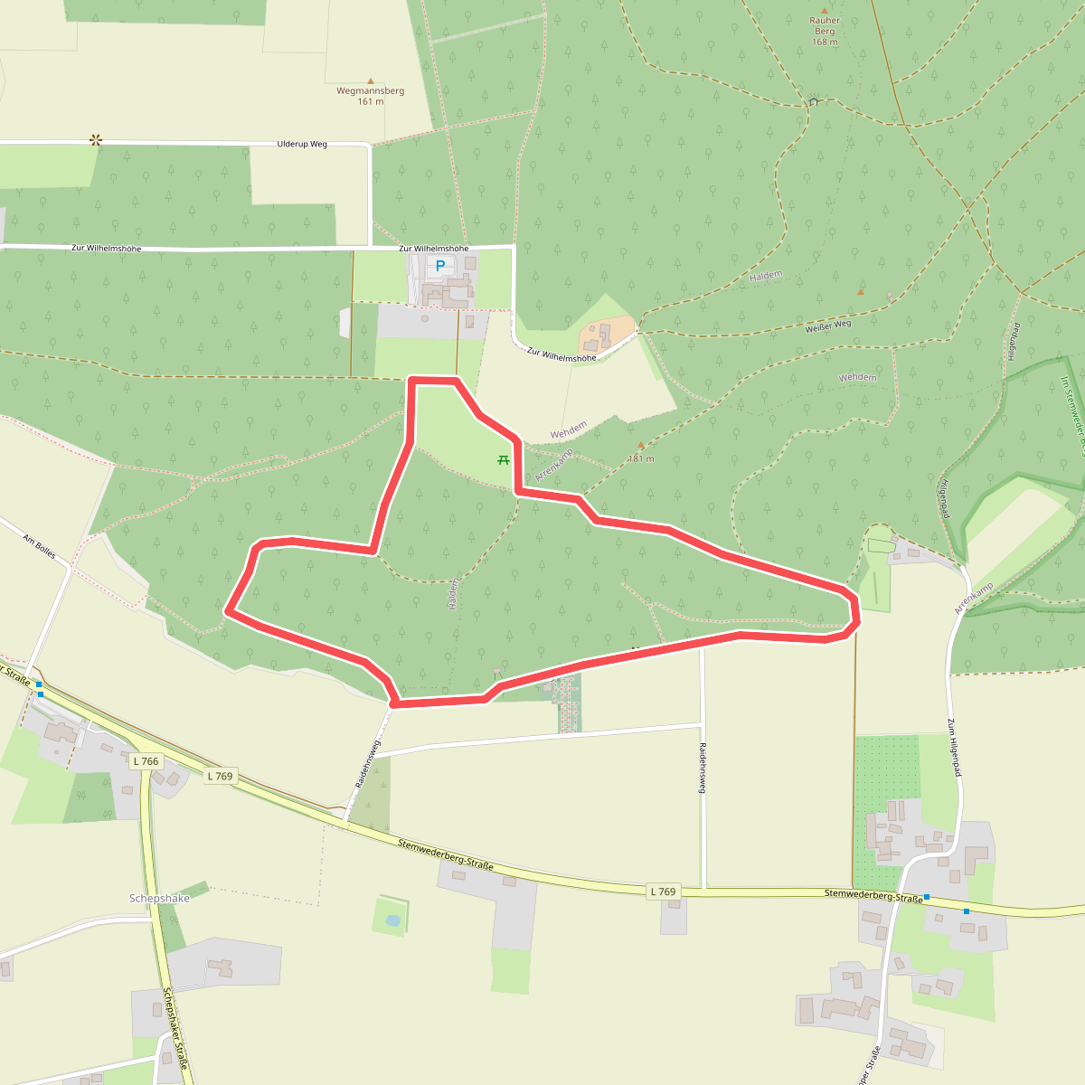 Gelb gestrichelte Route- Stemweder Berg