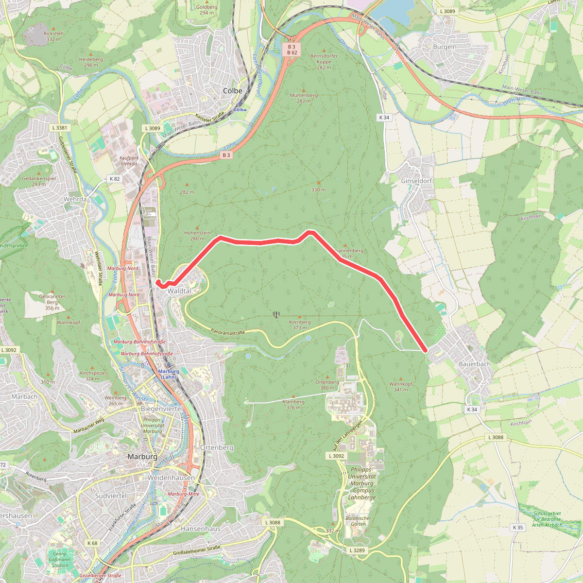 [A3] - Wanderweg des Verkehrs- und Verschönerungsvereins Marburg - Marburg-Waldtal - Bauerbach