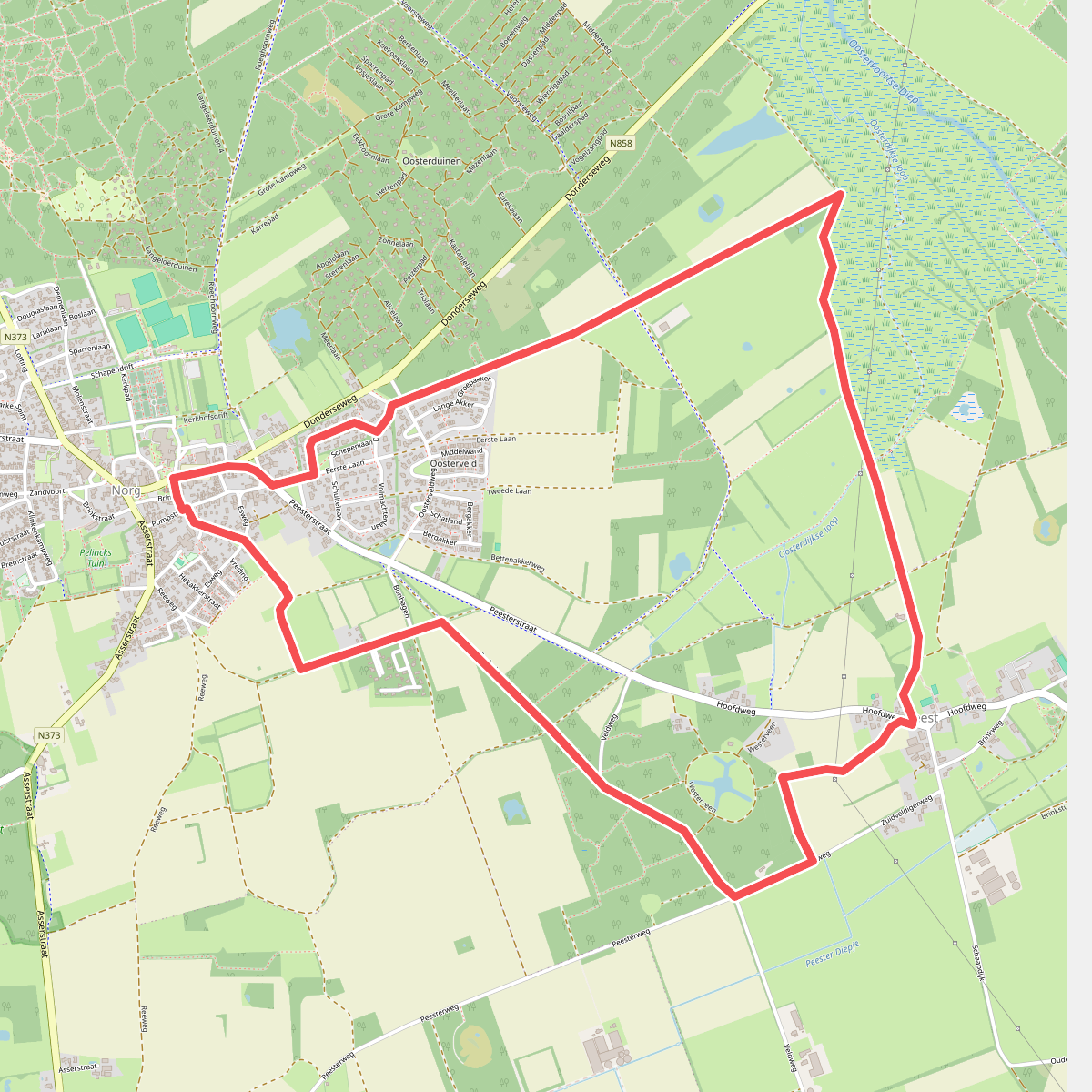 Rode paaltjesroute Norg | richting Peestermaden