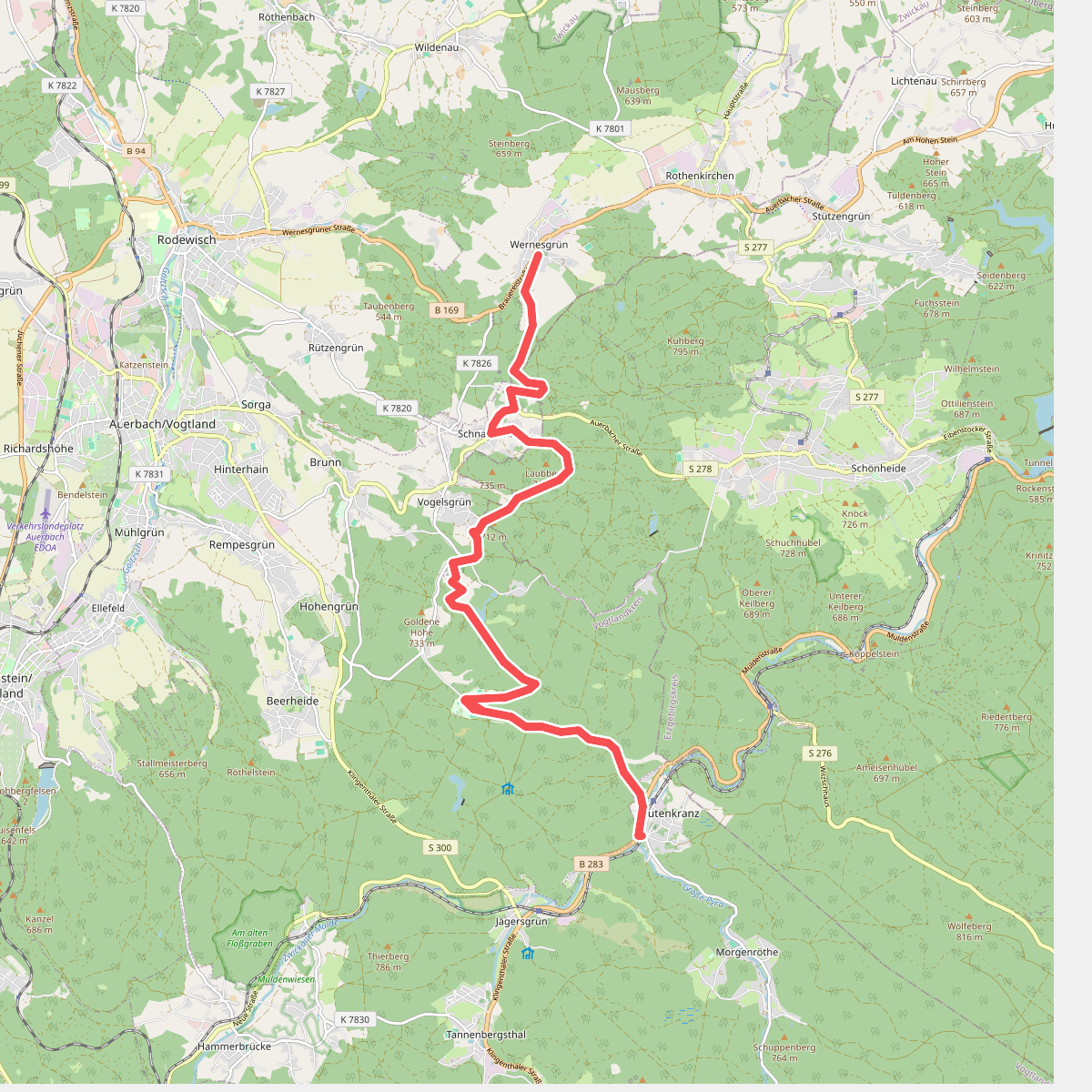 grün mit Vogtland-Panorama-Weg Morgenröte-Rautenkranze-Waldpark Grünheide-