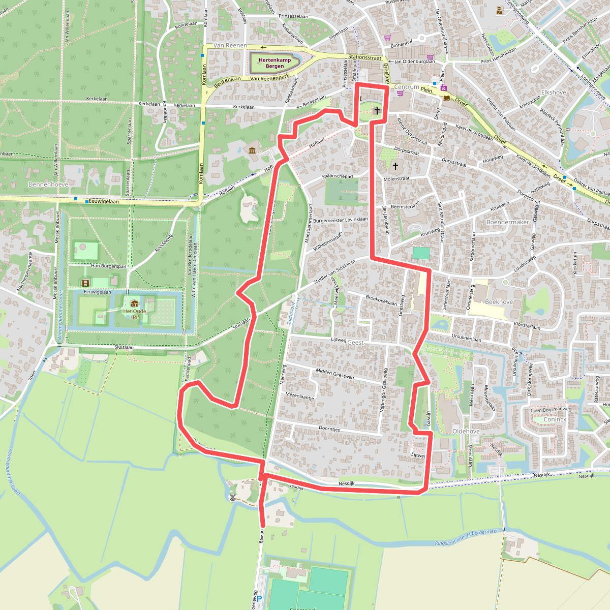 Rode route vanaf startpunt Groeneweg