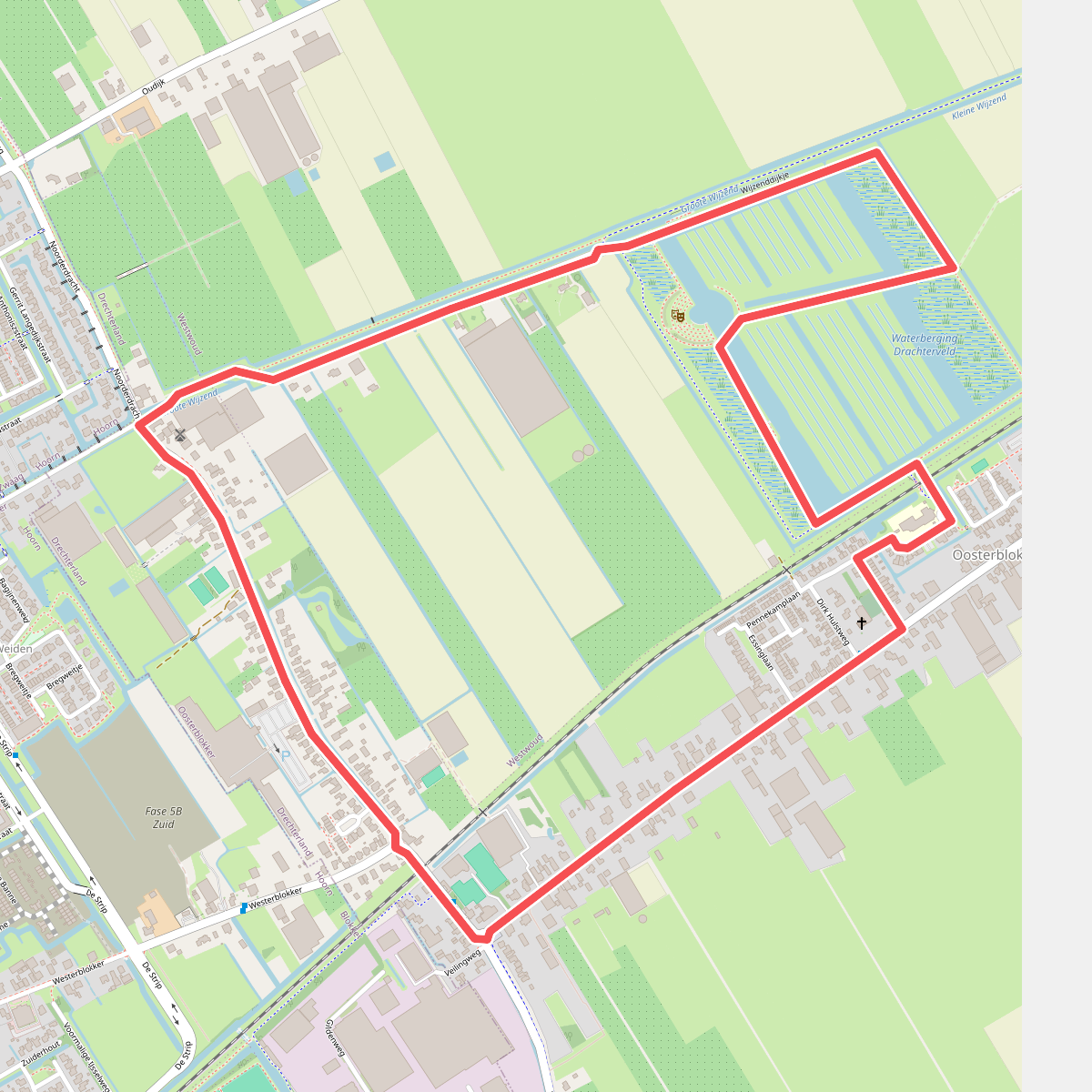 Drachterveldroute (blauw) vanaf startpunt Molen de Krijgsman