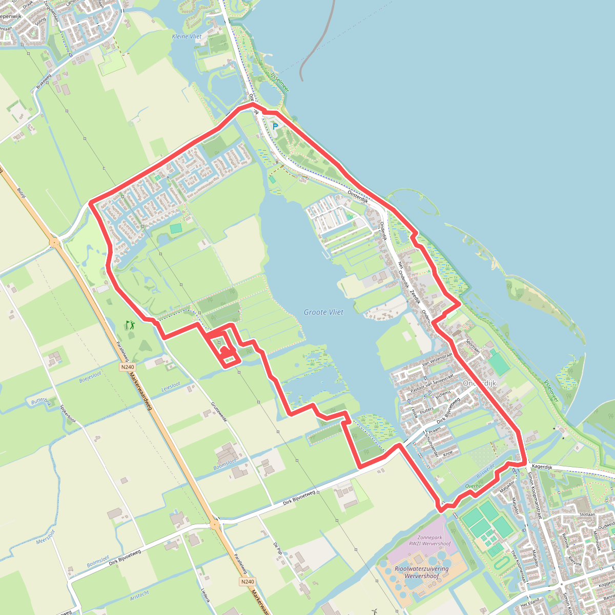 Vlietroute (geel) vanaf startpunt Onderdijk