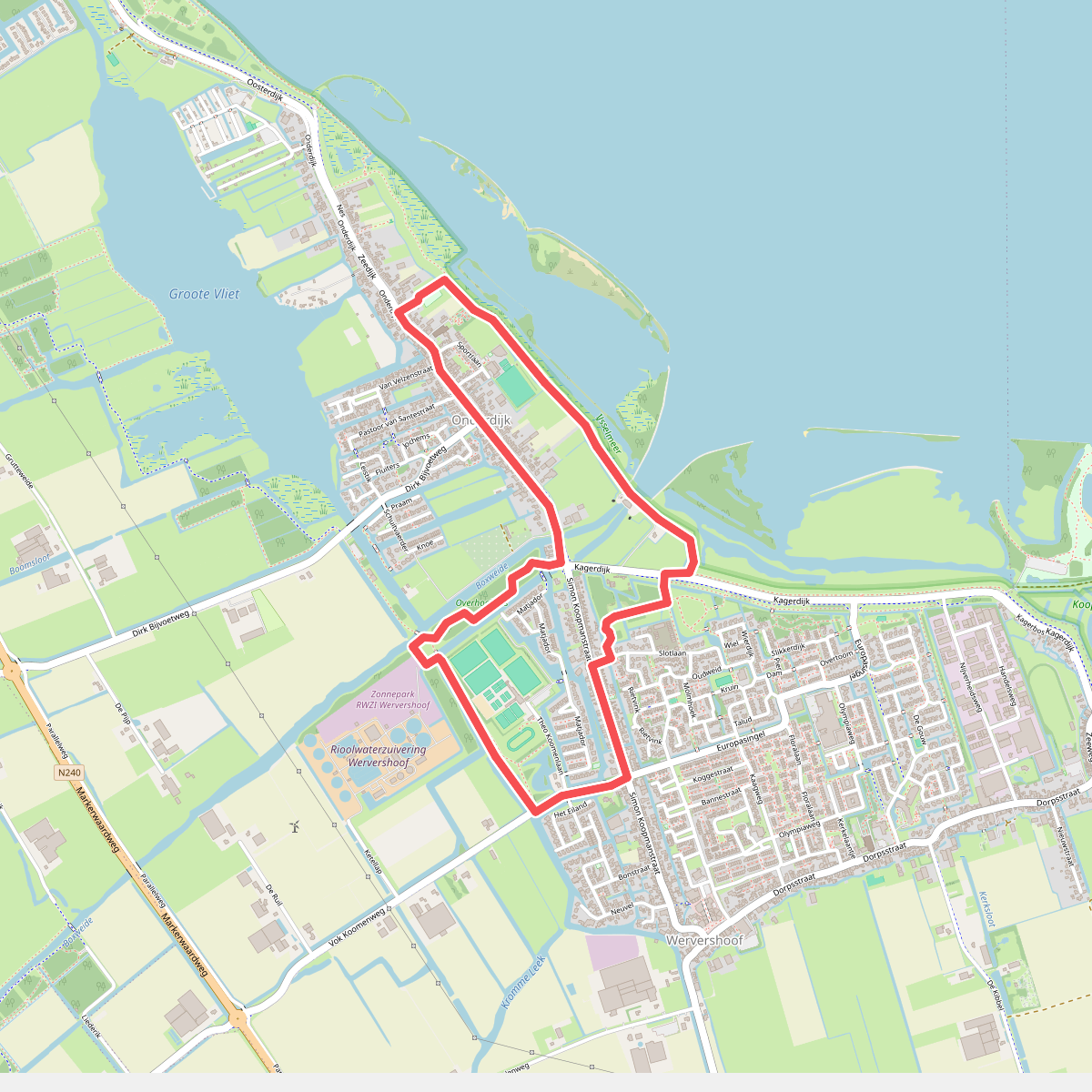 Onderdijkroute (blauw) vanaf startpunt Onderdijk