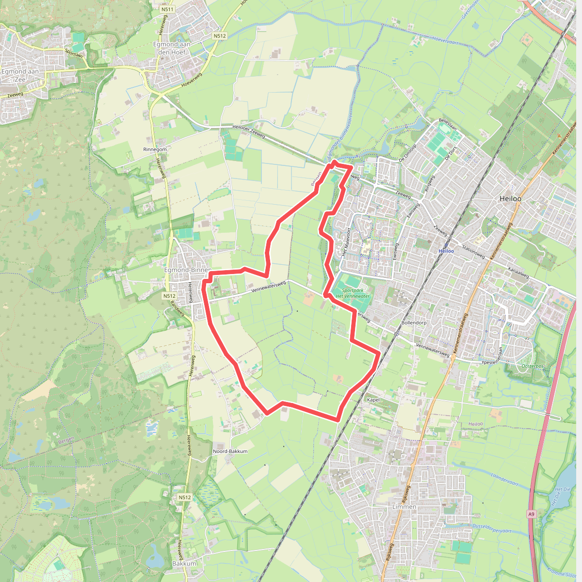 Blauwe route vanaf startpunt Heilooër Zeeweg