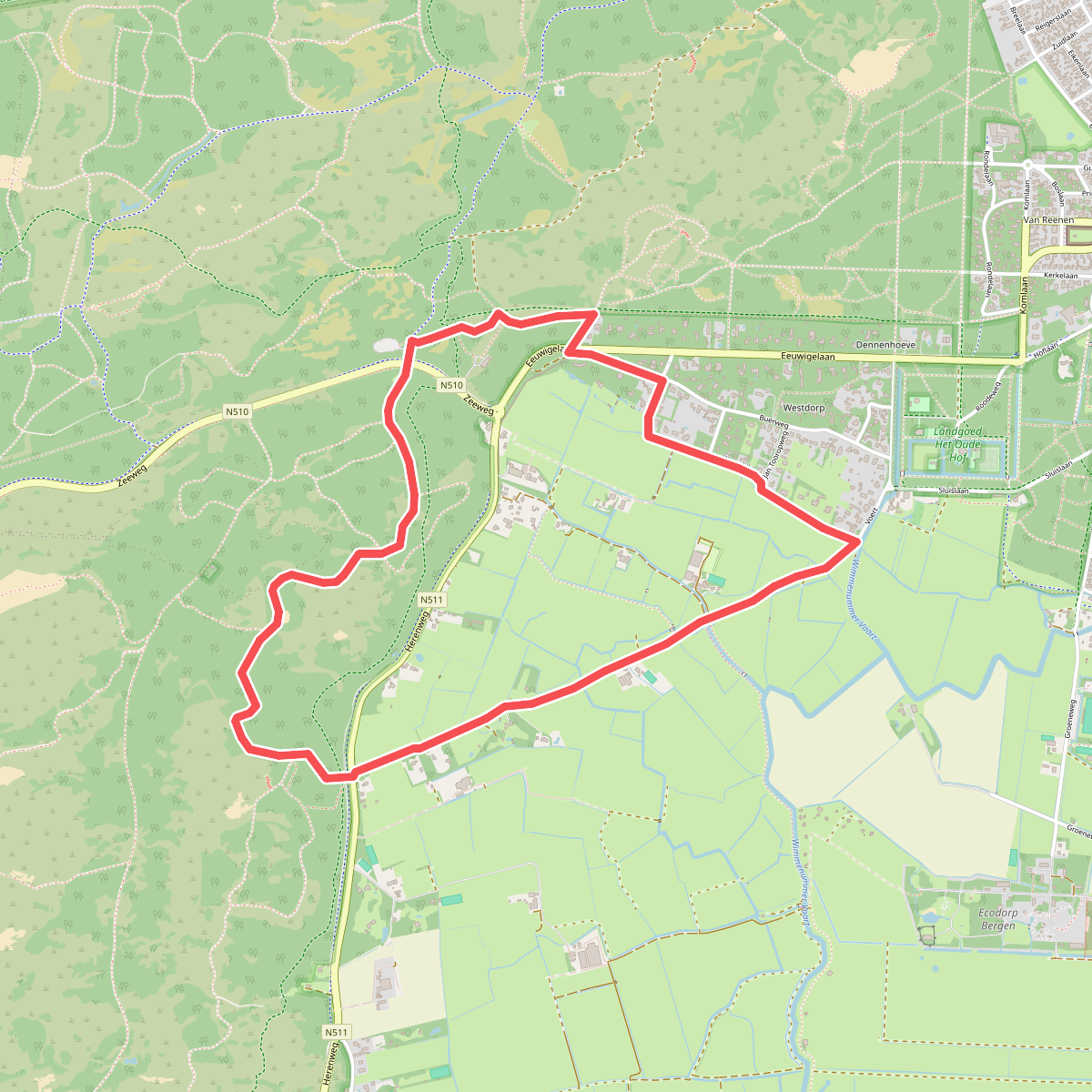 Paarse route vanaf startpunt Uilenvangersweg