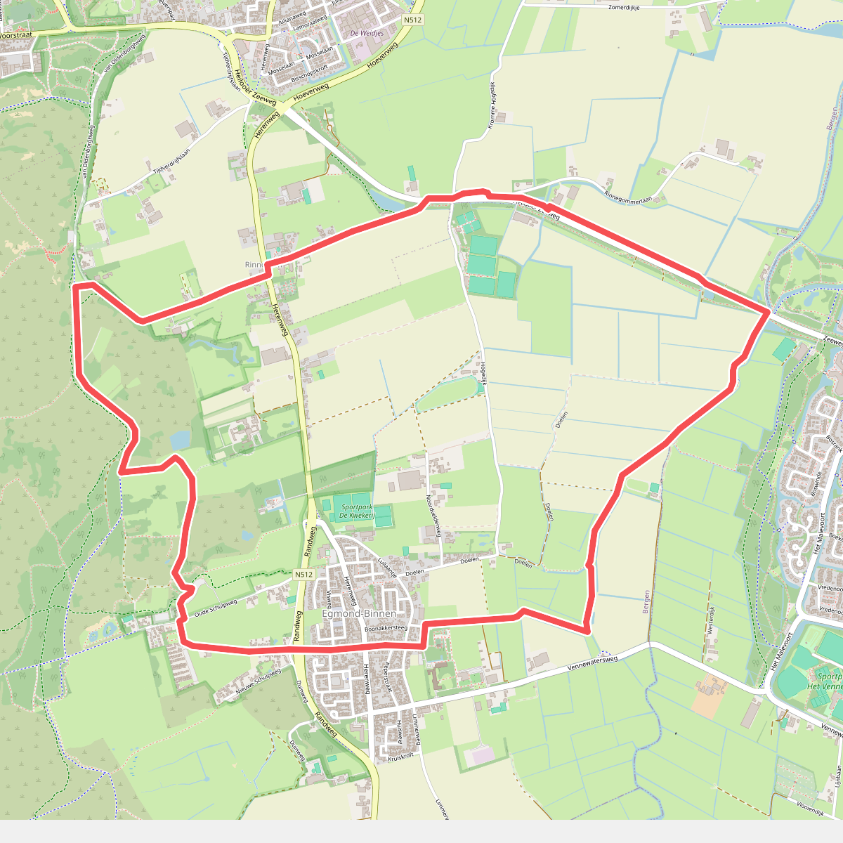 Rode route vanaf startpunt Abdijlaan