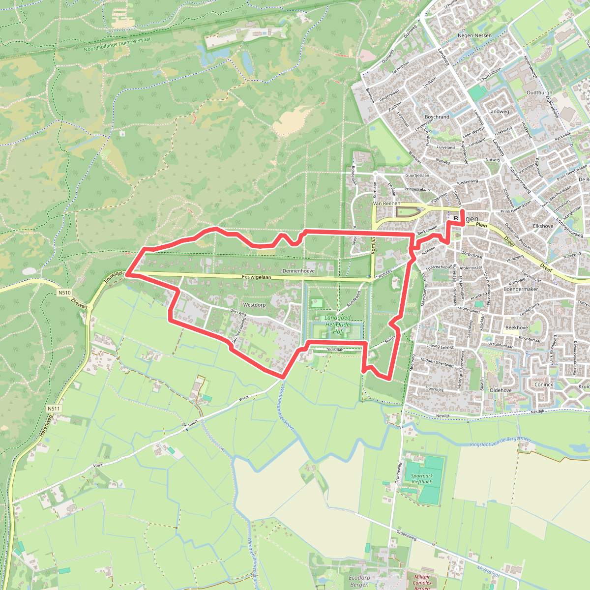 Groene route vanaf startpunt Bergen Centrum