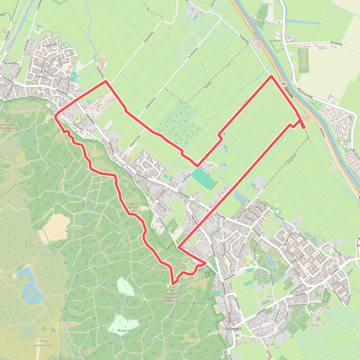 Zwarte route vanaf startpunt Schoorlse Duinen
