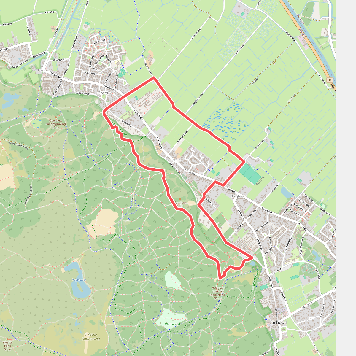 Zeegroene route vanaf startpunt Schoorlse Duinen