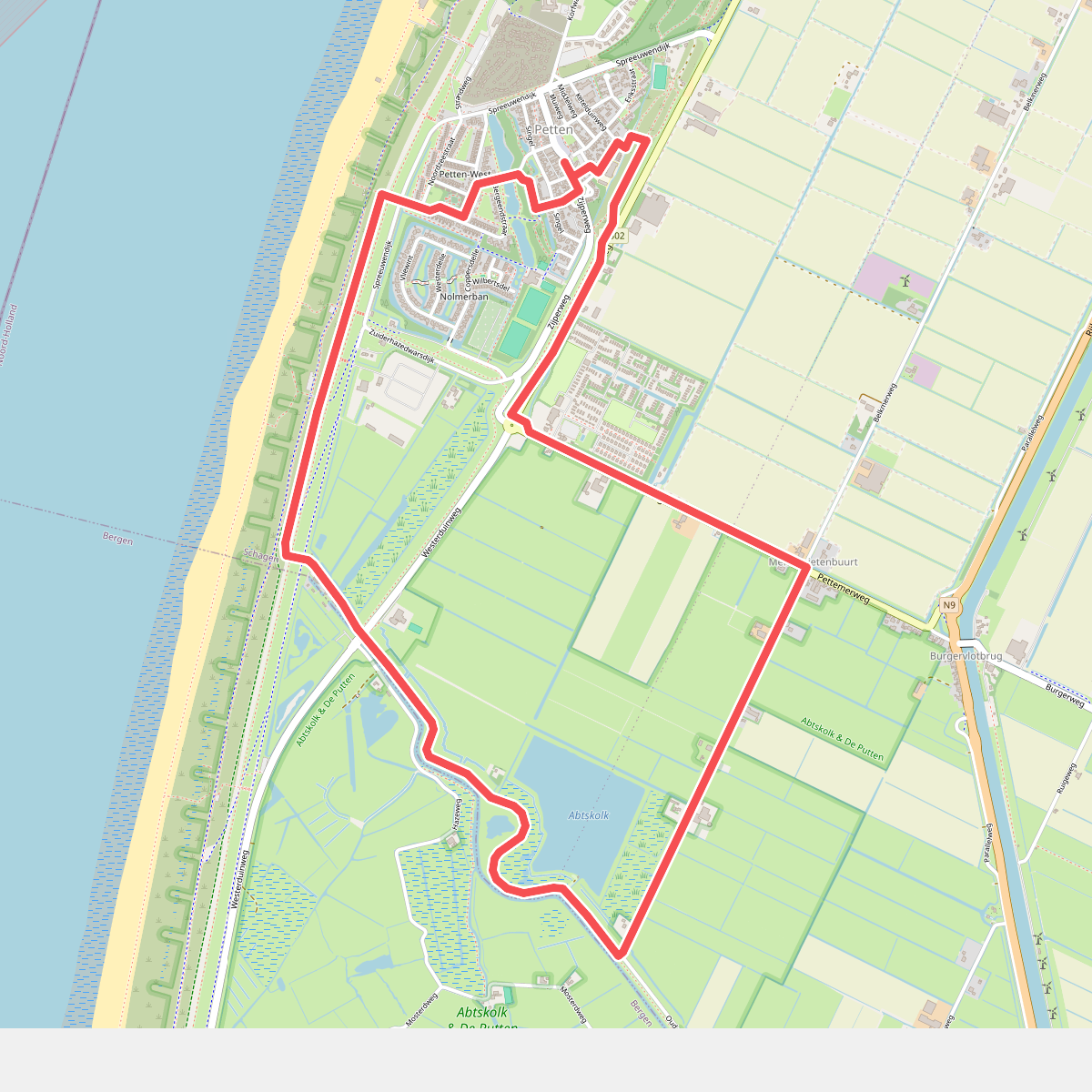 Rode route vanaf startpunt Petten