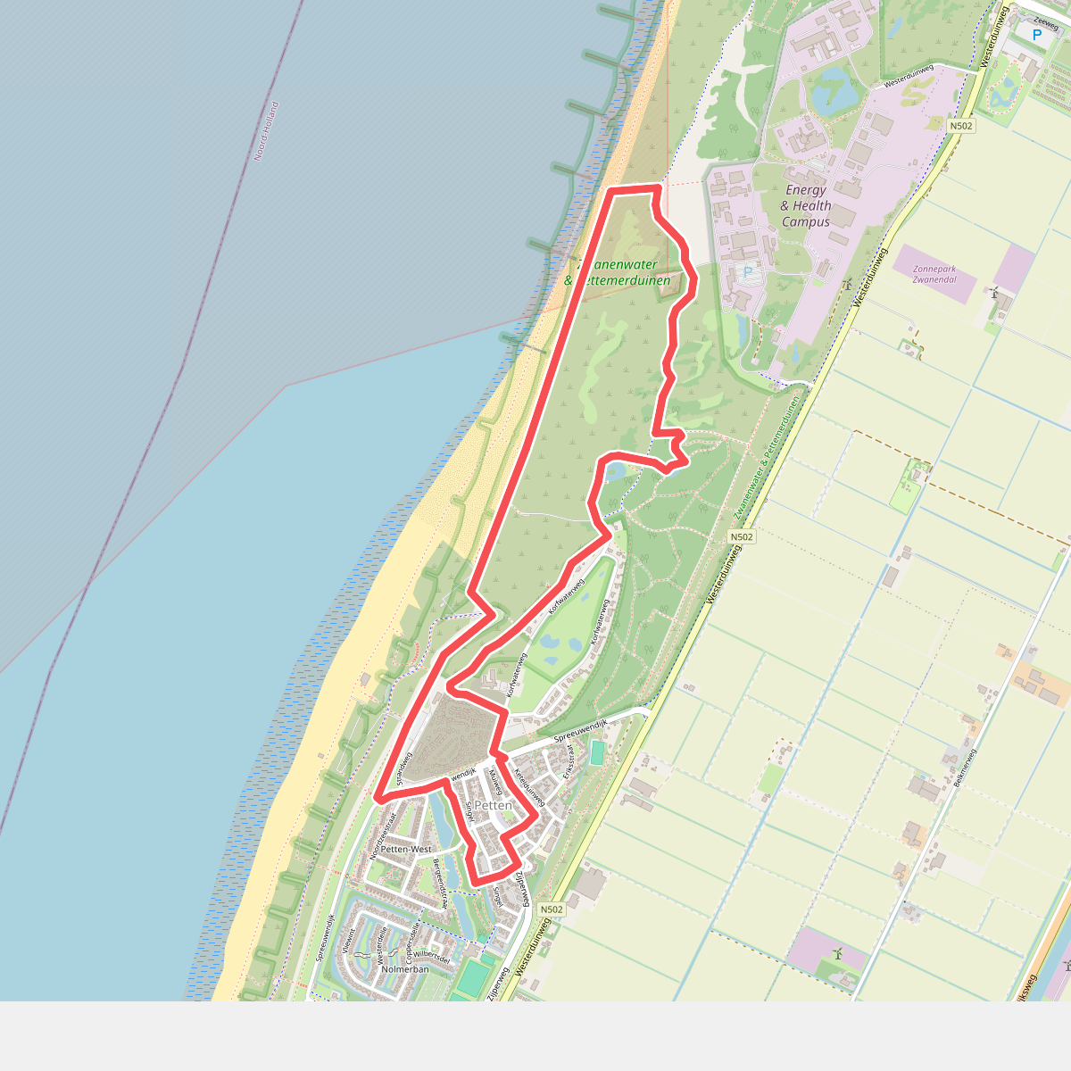 Blauwe route vanaf startpunt Petten