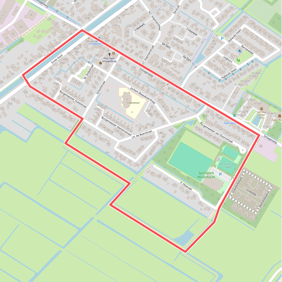 Rode route vanaf startpunt Schagerbrug