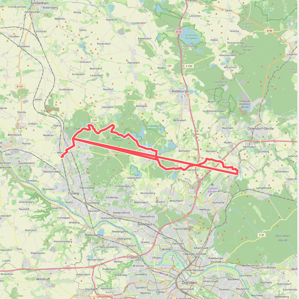Grüner Strich "Weinböhla Hp - Moritzburg - Volkersdorf - Weixdorf"