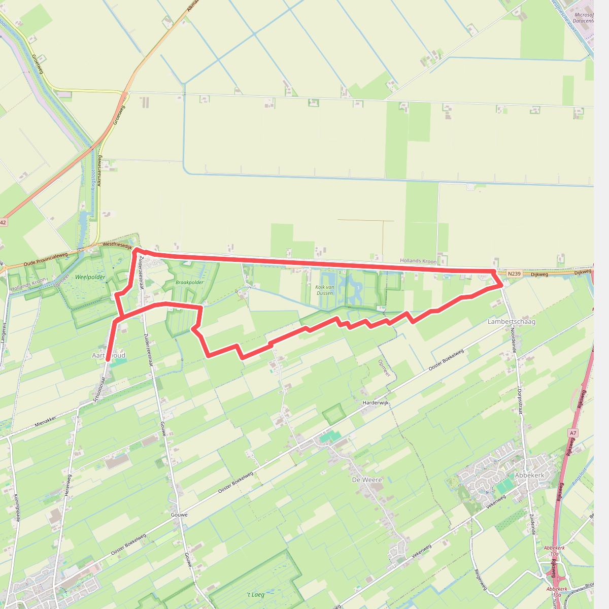 Kolk van Dussenpad (rood) vanaf startpunt Aartswoud