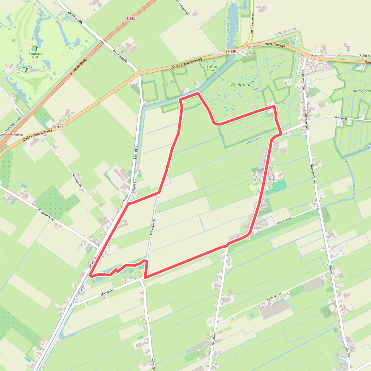 Koningspadroute (oranje) vanaf startpunt Aartswoud