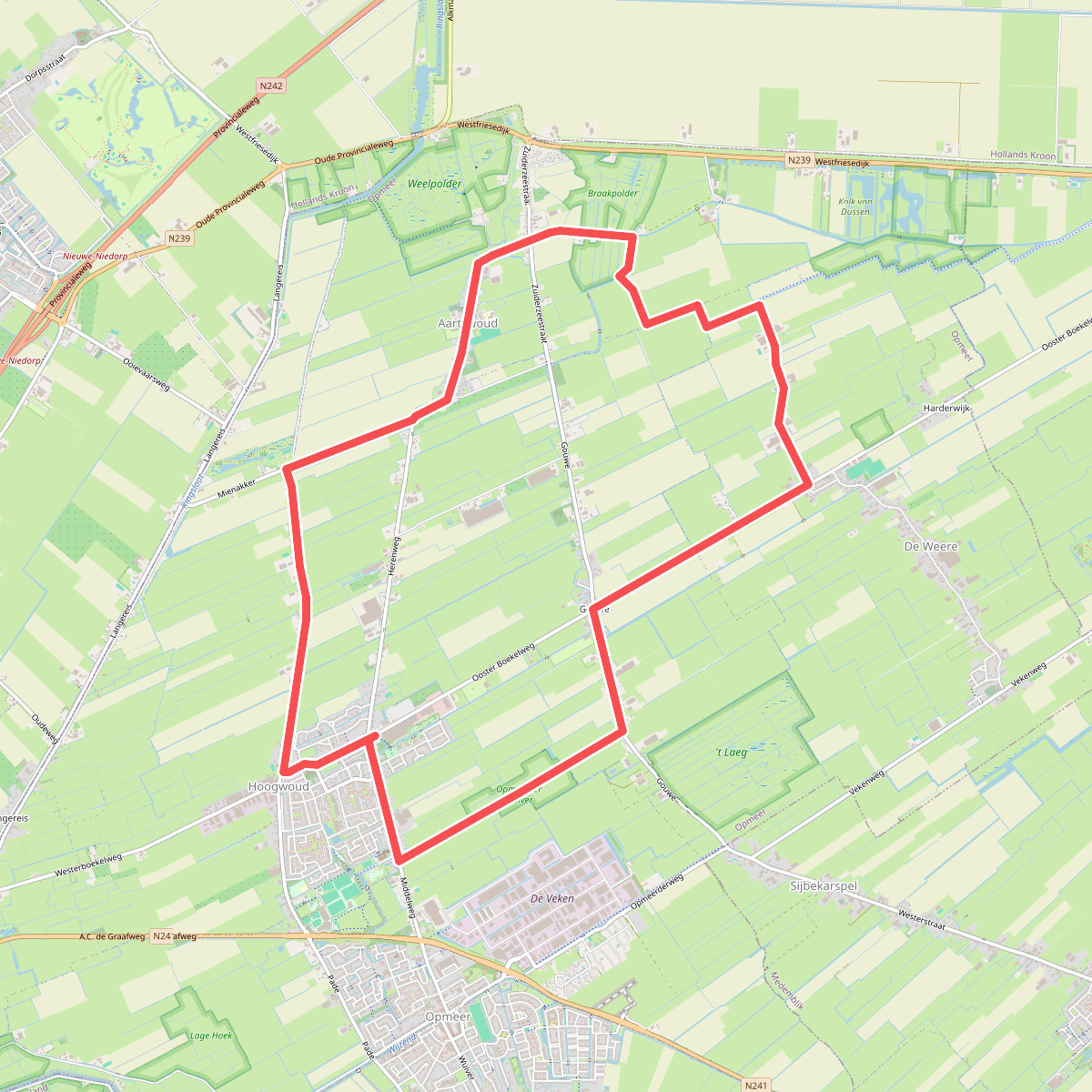 Opmeerder Wuivertocht (geel) vanaf startpunt Aartswoud