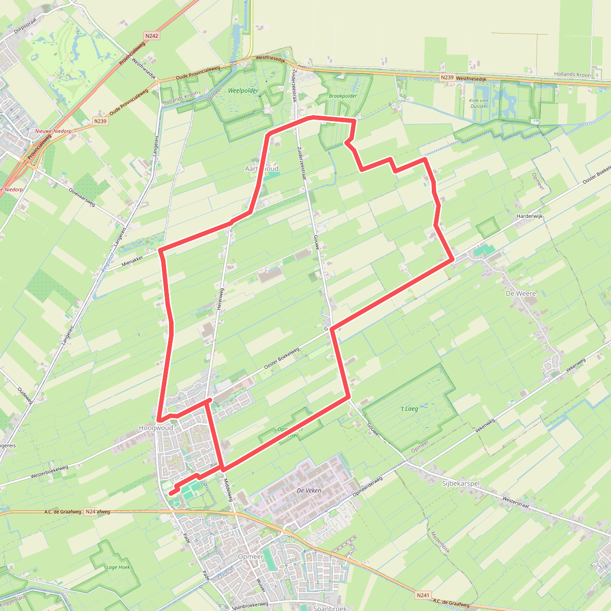 Opmeerder Wuivertocht (geel) vanaf startpunt De Weijver