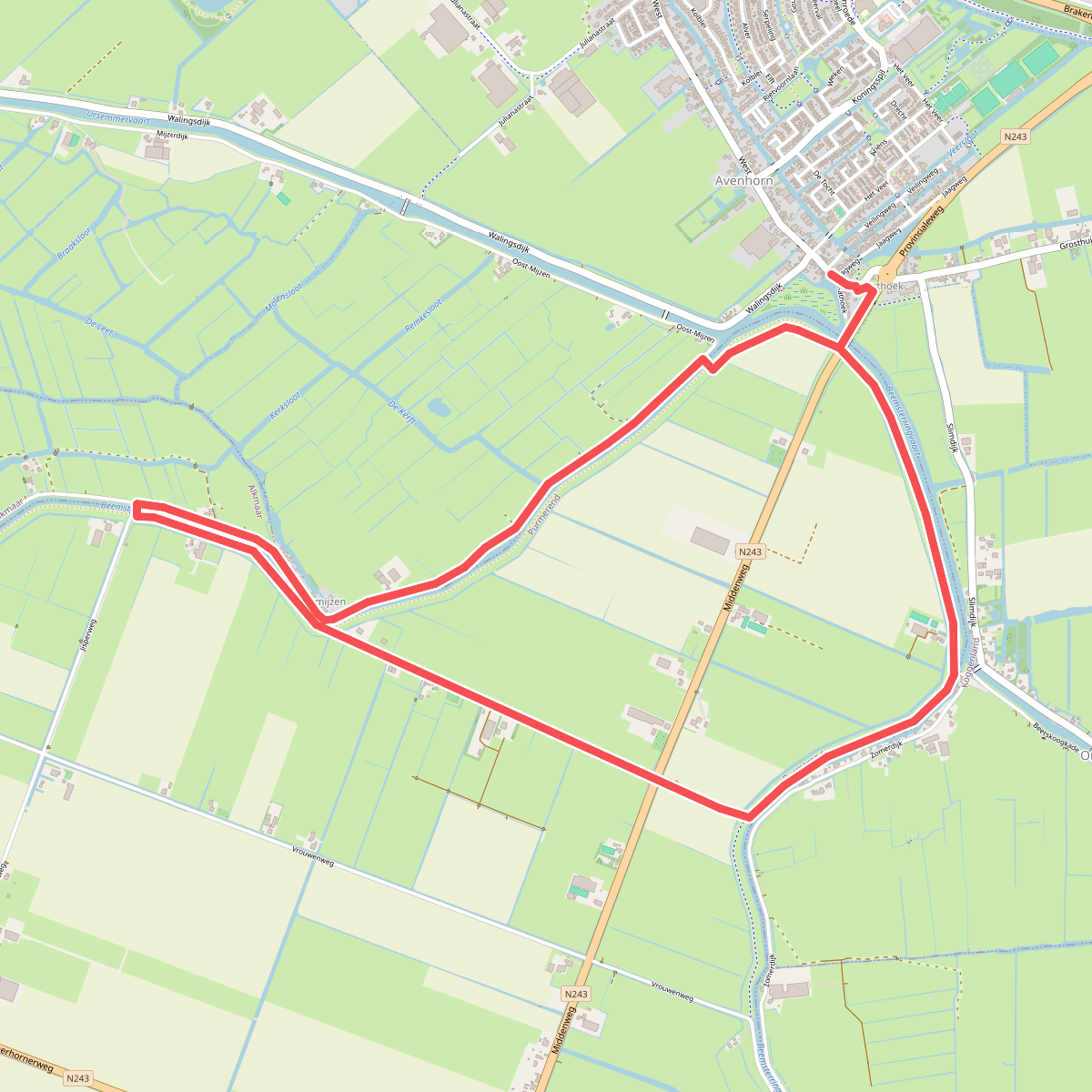 Uilenhoekroute (rood) vanaf startpunt Avenhorn - De Goorn
