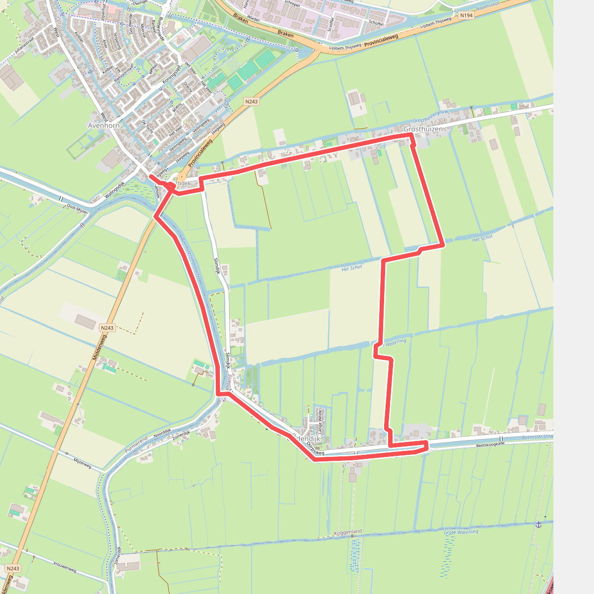 Beschootroute (oranje) vanaf startpunt Avenhorn - De Goorn