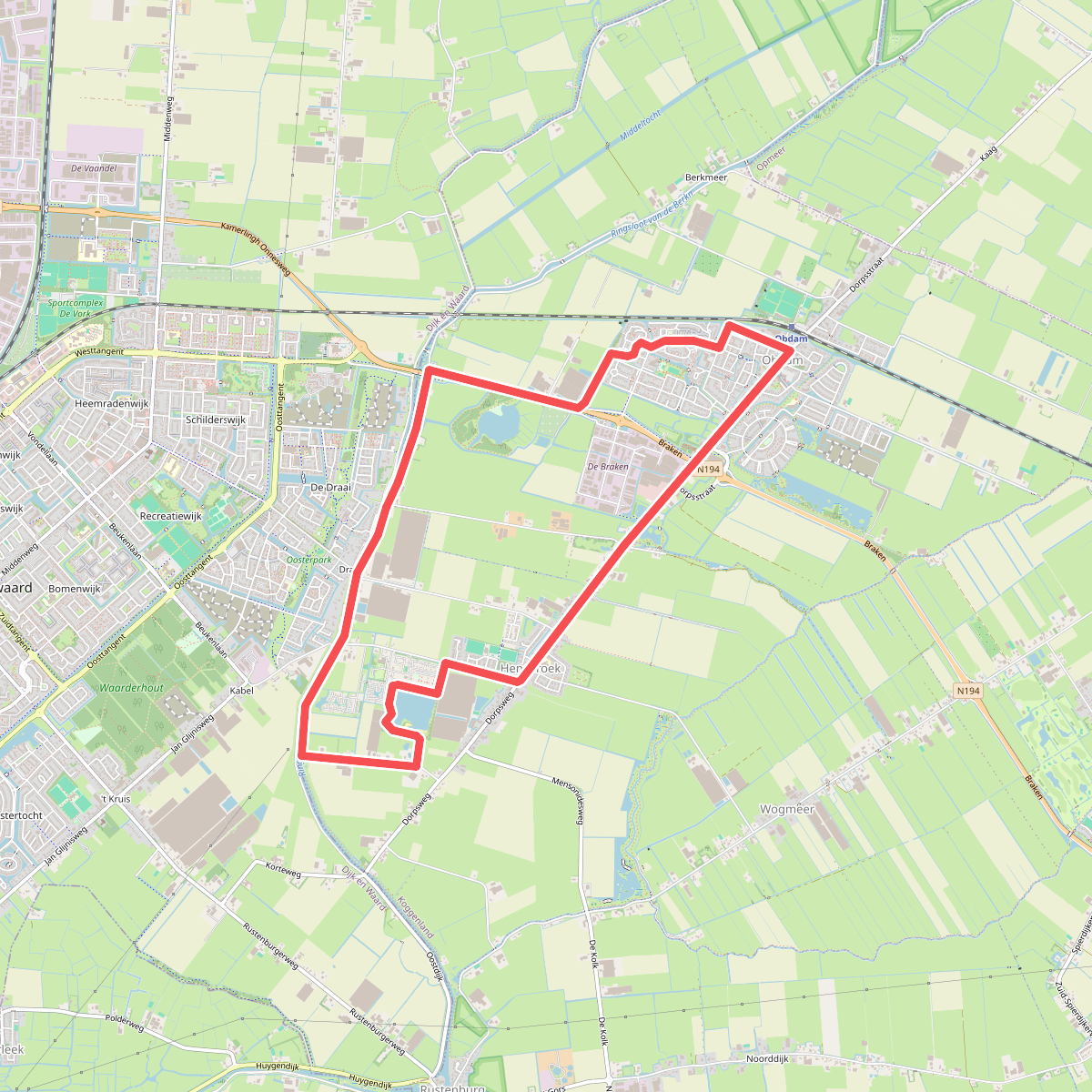 Obdammerdijkroute (rood) vanaf startpunt Hensbroek