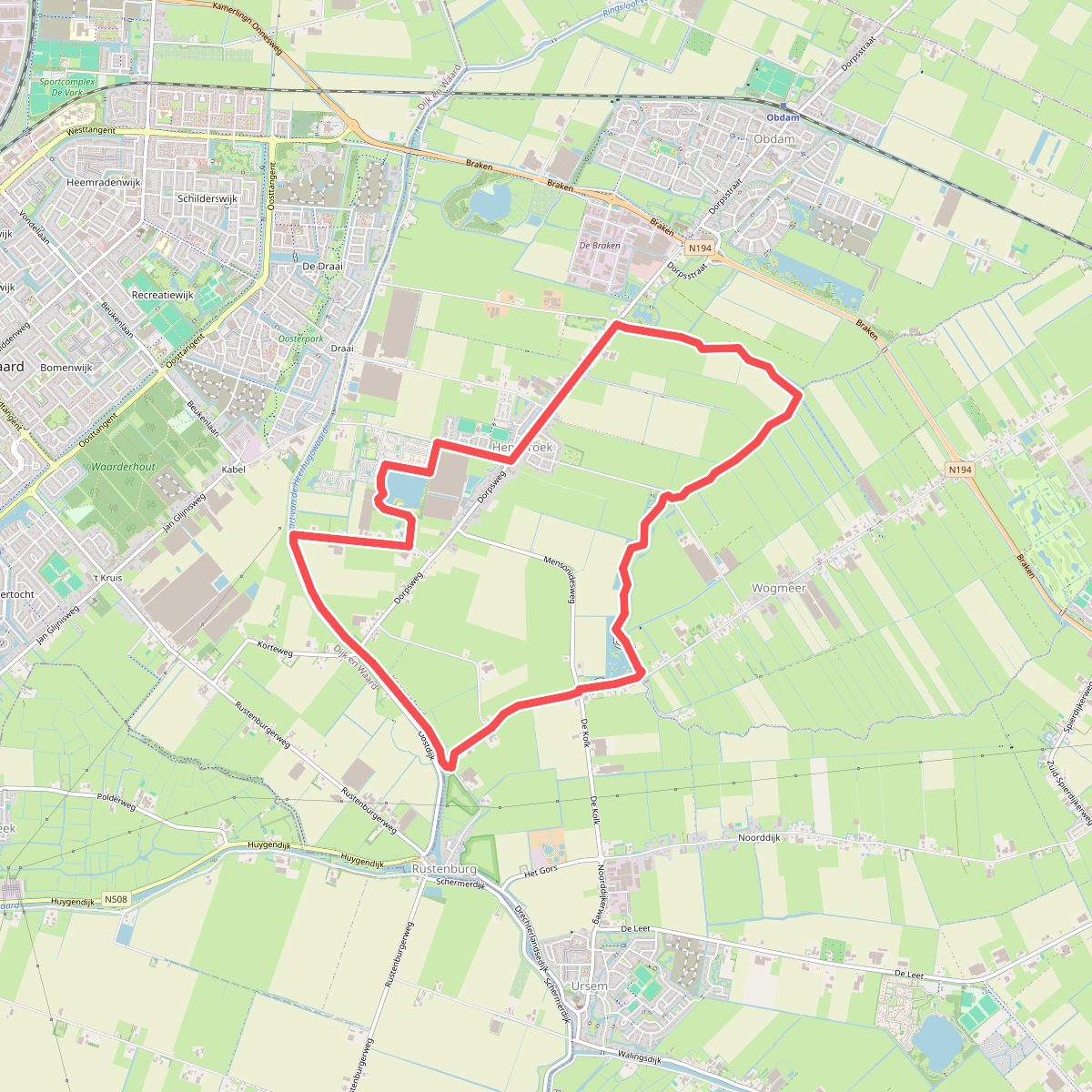 Molenkolktocht (blauw) vanaf startpunt Hensbroek