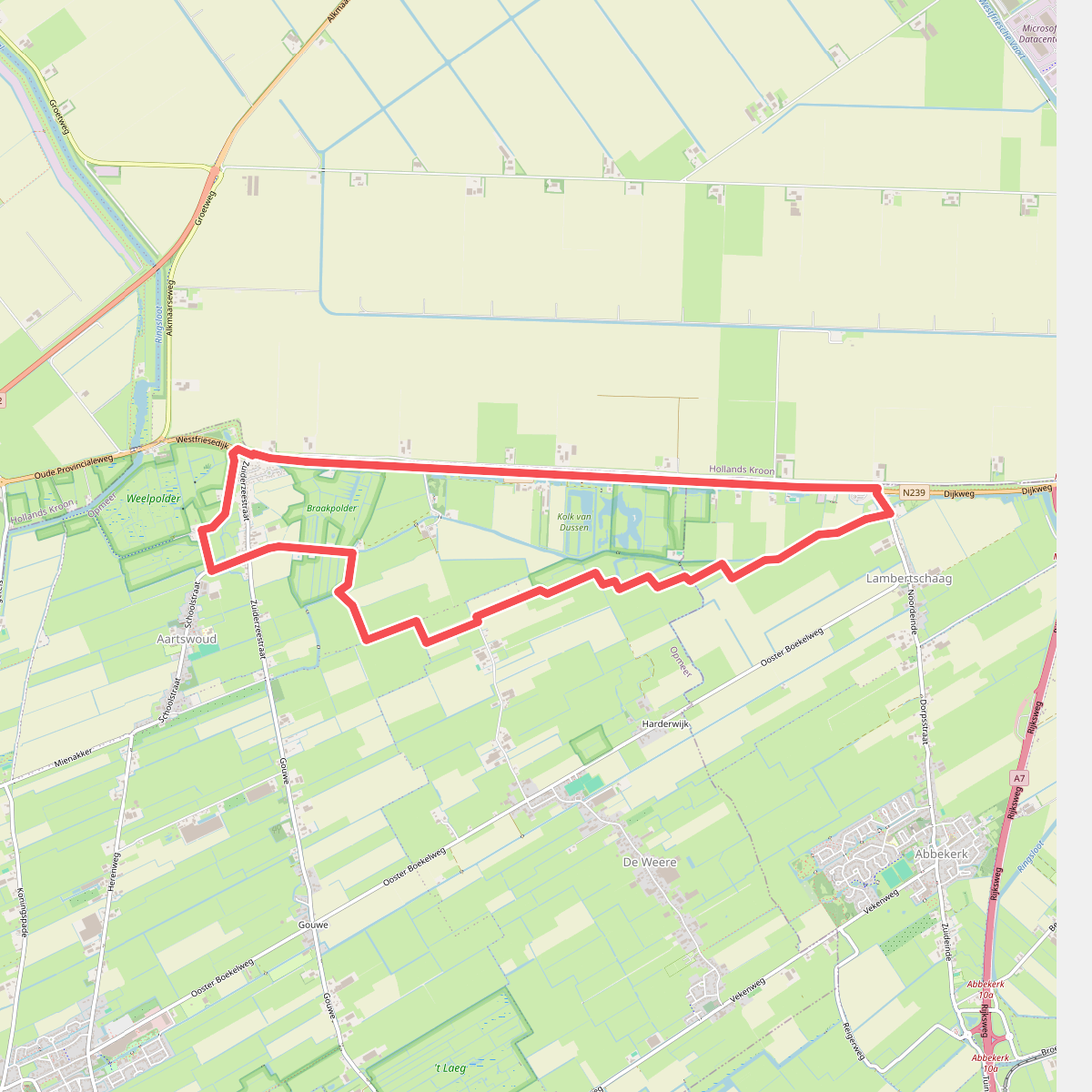 Kolk van Dussenpad (rood) vanaf startpunt Lambertschaag