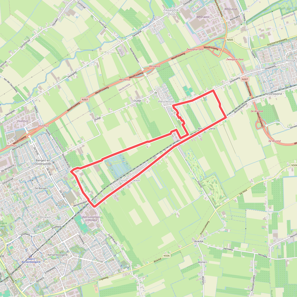 Oosterblokkerroute (rood) vanaf startpunt Molen de Krijgsman