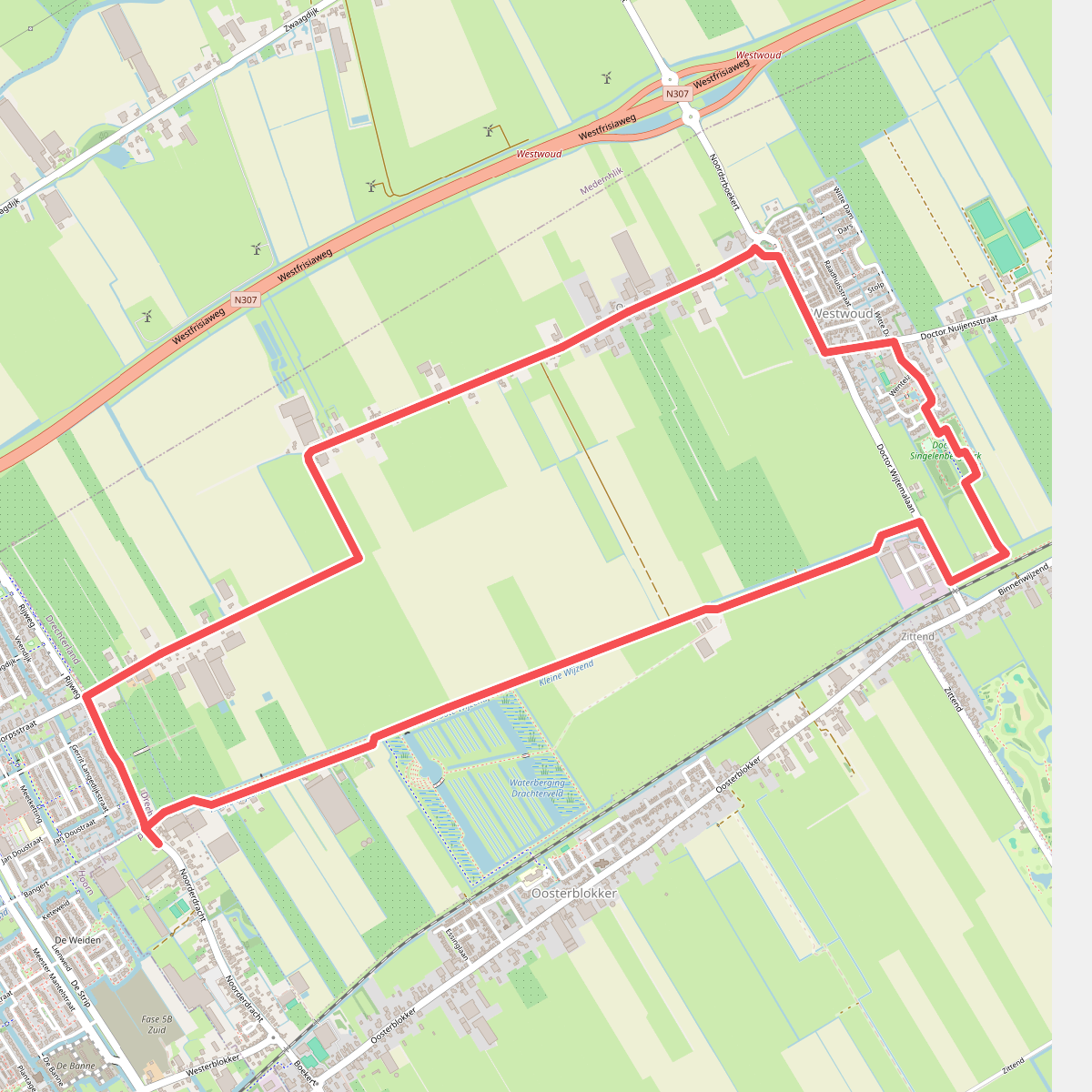 Oudijkroute (groen) vanaf startpunt Molen de Krijgsman