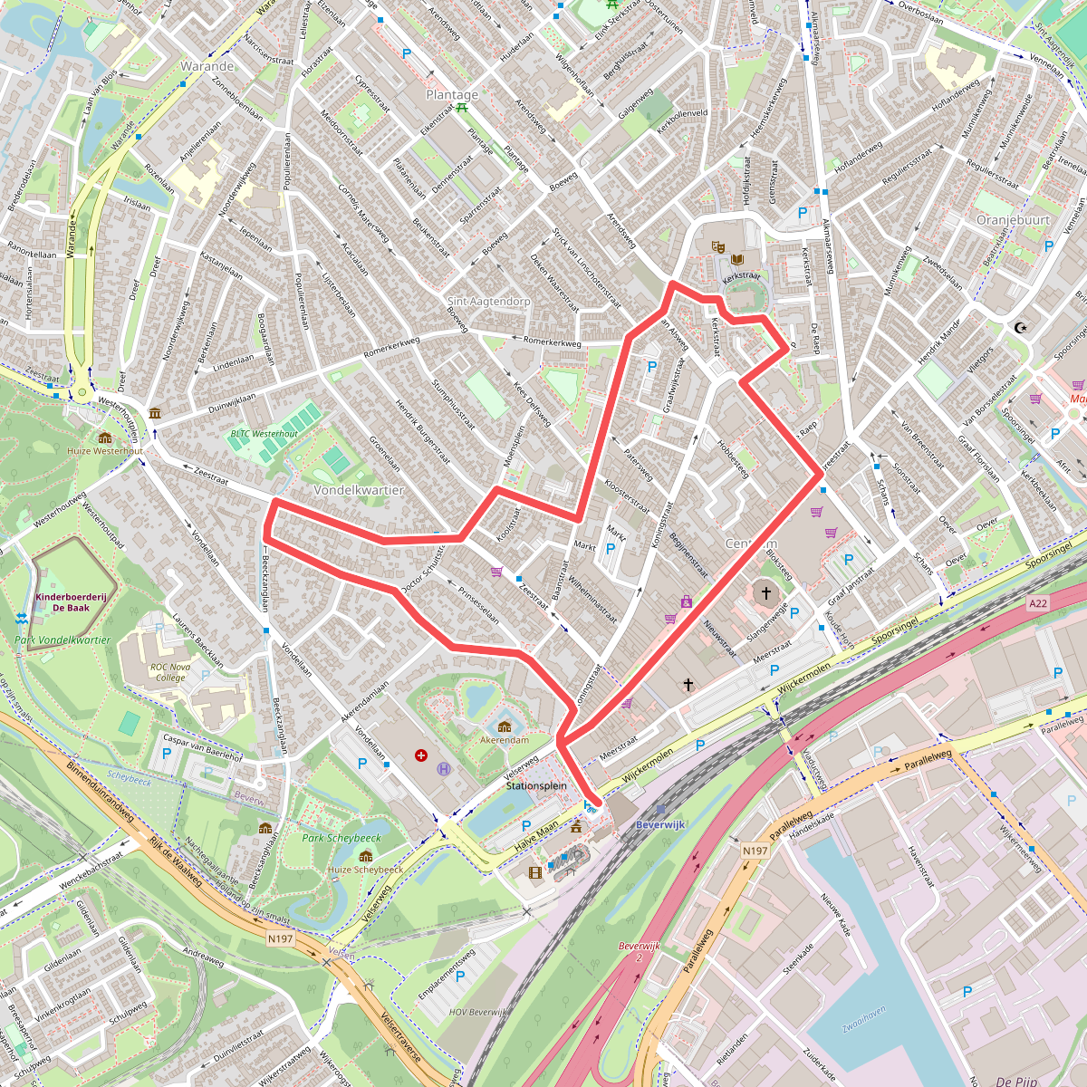 Oranje route vanaf startpunt Beverwijk Station