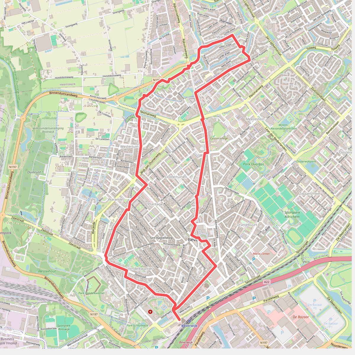 Gele route vanaf startpunt Beverwijk Station