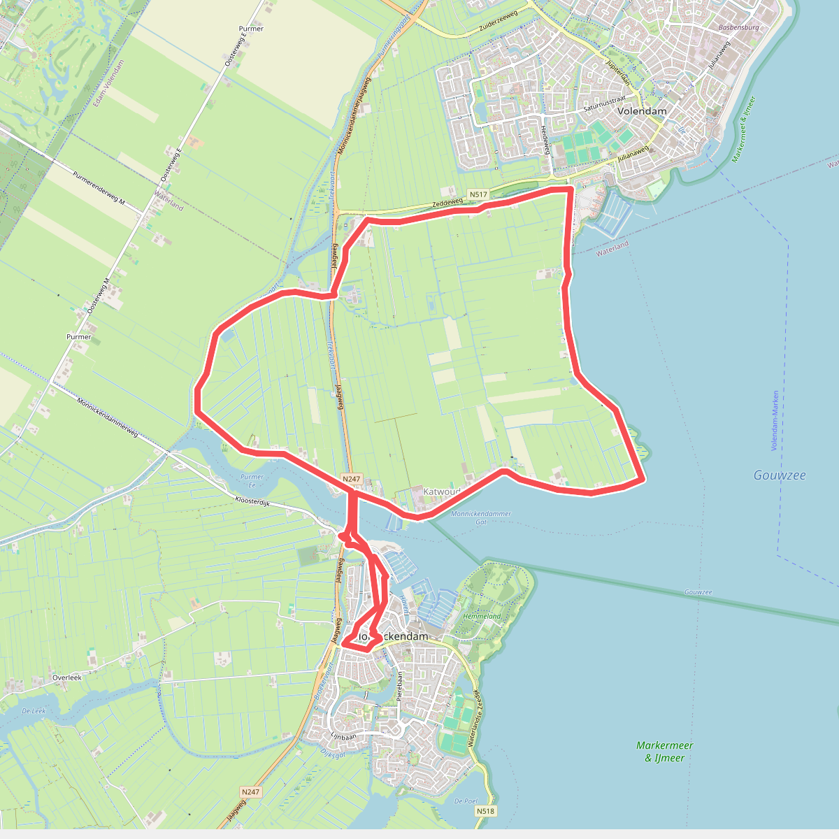 Palingroute (rood) vanaf startpunt Monnickendam