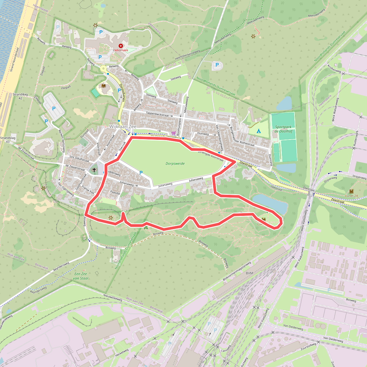 Paarse route vanaf startpunt Wijk aan Zee